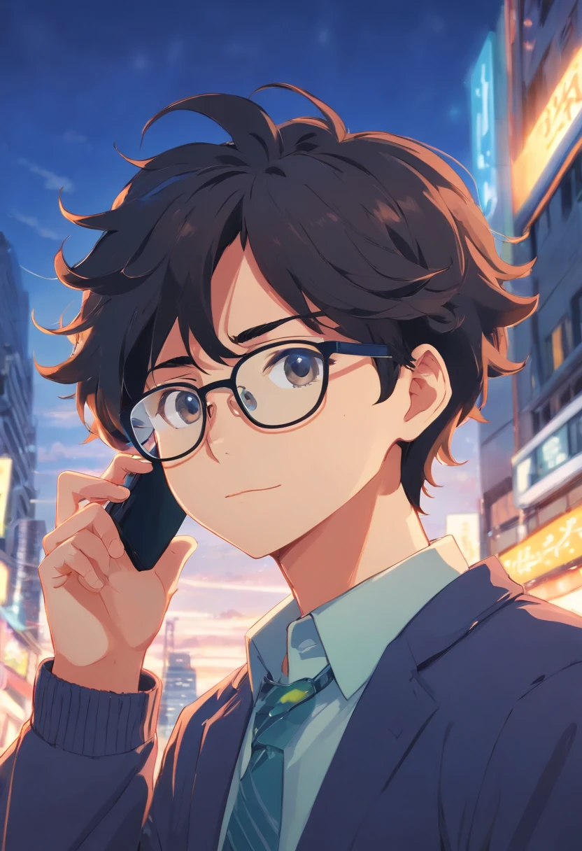 Um menino de cor pardo, wearing glasses and large black color curly, de bigode e cavanhaque, segurando um celular