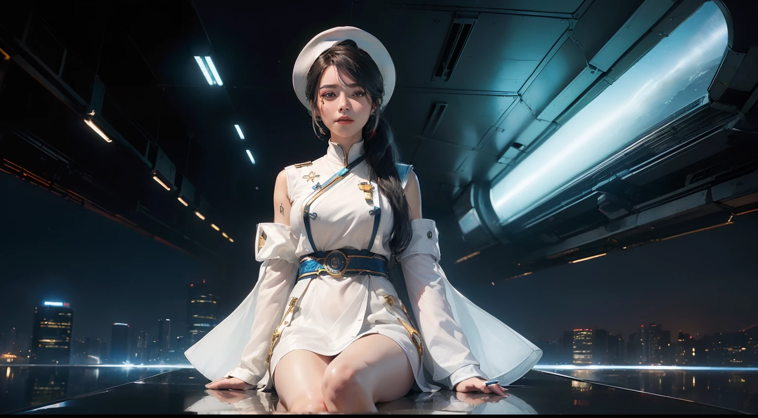 (realisitic,Photorealsitic:1.4),(1 Beauty:1.3),(beautiful countenance:1.5),Detailed shiny skin,A detailed eye,Precise hands and fingers,8K HDR, , masterpiece, (Dynamic angle footage),电影灯光, Finely drawn backgrounds,accurate fingers,(futuristic cities,A large number of high-tech machines,Sci-fi building,Multi-colored lighting,Sci-Fi attire,Perspective distant and near view:1.3),Beautiful Iranians,Sash blouse,White hair,poneyTail,Rio De Janeiro,prison,Hats are being taken,Attractive thighs,Composition with a lot of light blue,Blue lake