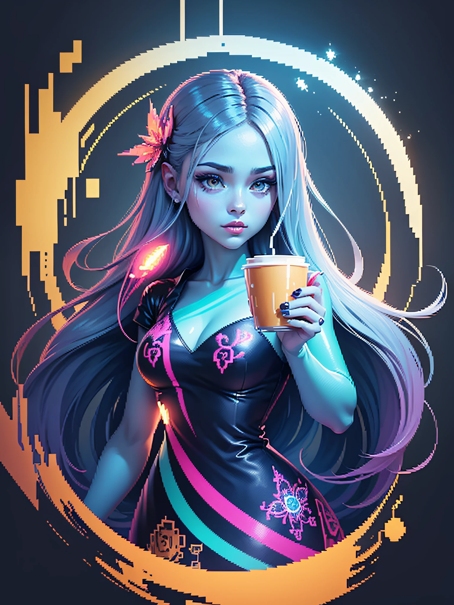 fabulous pixel art of beautiful futuristic idols having a coffee pixel art, beautiful and detailed pixel art, hyper detailed pixel art, conceptual pixel art, high quality pixel art, high quality pixel art, high quality pixel art, high quality pixel art, bioluminescent lighting, colorful, high contrast colors, Pixel art style, Pixel art:3, 4k, beautiful