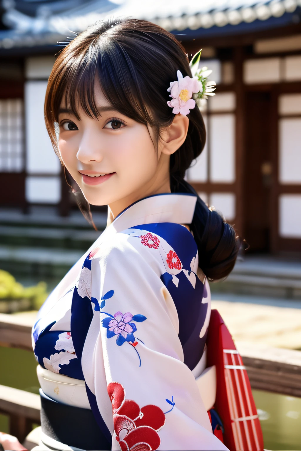 (Best-quality, Masterpiece, Ultra-High-Resolution, (Photorealistic:1.4), Raw Photo, depth of field, professional lighting, perfect anatomy, extremely details), 1girl, -yeld, thost famous Japanese idol, cowboy shot, dynamic pose, stick out butt, at Japanese-shrine, wearing Japanese-KIMONO with cute-design, extremely cute face, ((extremely cute big-eyes)), extremely cute hair, extremely cute skins, extremely cute long-eyelashes, extremely cute lips, looking at viewer, innocent smile, detailed Japanese-KIMONO, detailed Japanese-shrine