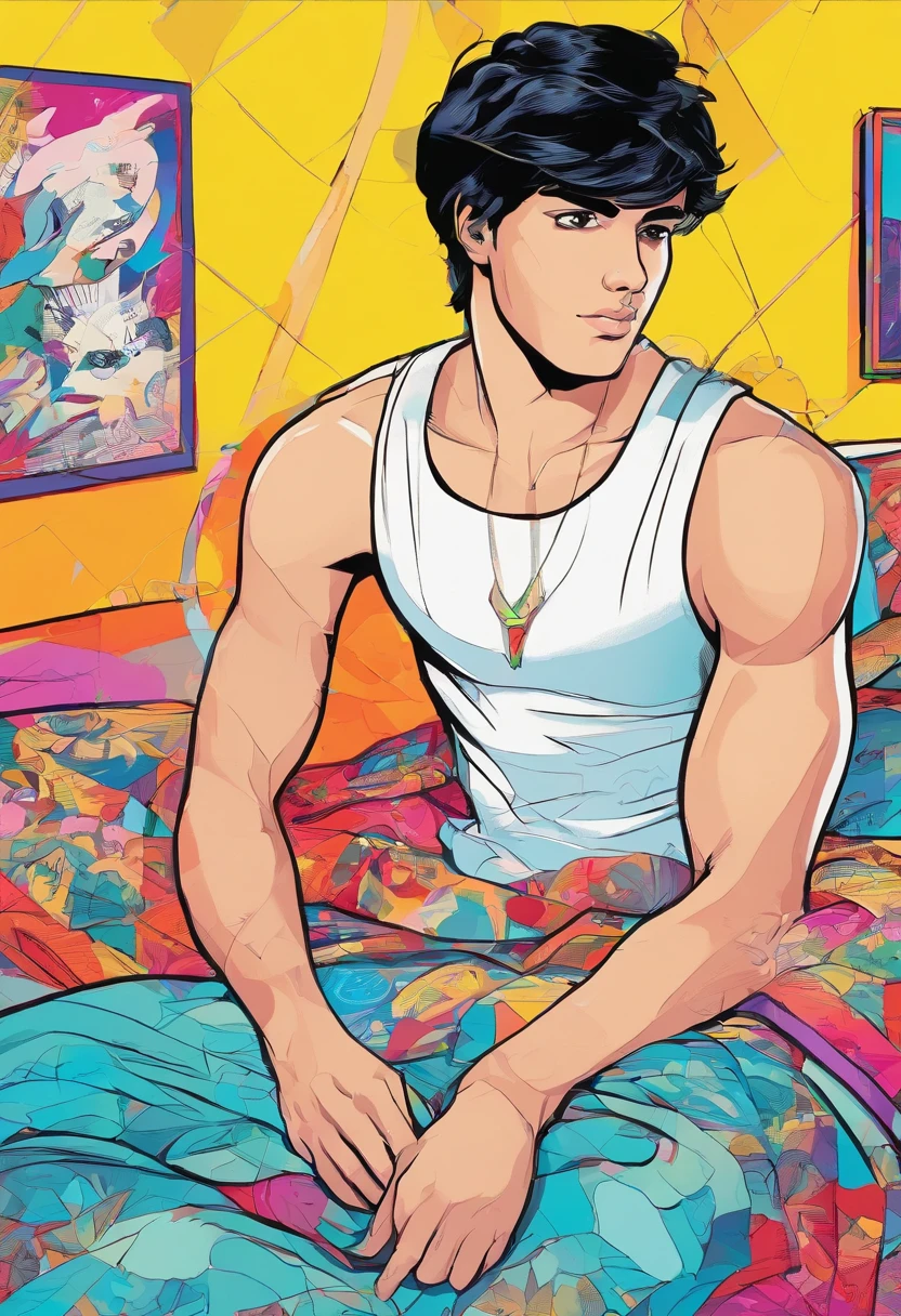 Black-haired 20-year-old male, 2 block haircuts , Dressed in a plain white tank top, lying on one's side on bed, Pensive expression