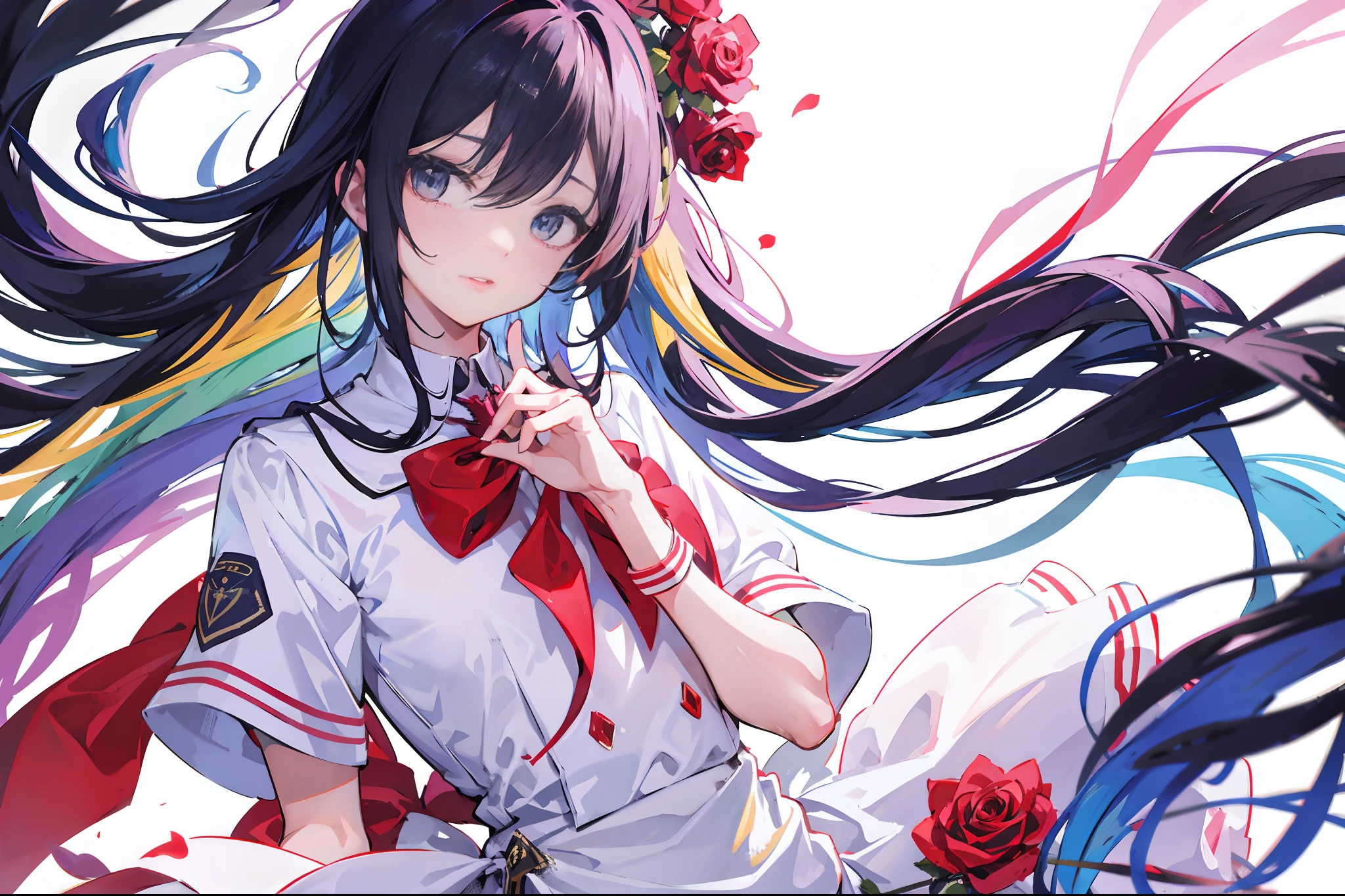superfine illustration, best quality, rose in hands, beautiful detailed rainbow High school uniform