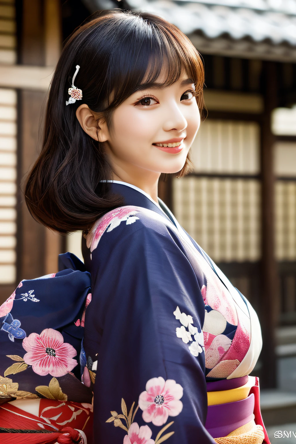 (8K、Raw photography、top-quality、masterpiece:1.2)、ultra-detailliert、超A high resolution、(realisitic、photoRealstic:1.37)、portlate、High-detail RAW color photos、professional photograpy、extremely delicate and beautiful、A highly detailed、 8K Wallpapers、magnifica、finely detail、huge filesize、Official art、Highly detailed CG Unity 8K wallpapers、highly detailed beautiful girl、extra detailed face、extremely detailed eye、highlydetailed skin、extremely detailed fingers、highly detailed nose、highly detail mouth、perfect anatomia、highly detailed back ground、Highly detailed attire、女の子1人、(18year old:1.2)、10 generations、Cute little girl s、famous Japan idol、cute little、(small tits:1.2)、Realistic body、小柄、fair white skin、shinny skin、slenderbody、well-styled、A dark-haired、Hair collection、(Pattsun bangs:1.2)、A smile、kawaii、年轻、kawaii faces、Lifelike face、Beautiful eyes、Sauce order、(Kimono:1.4)、Dense embroidery、耳Nipple Ring、(hair adornments:1.2)、eye、cowboy shot、frontage、standing athletic pose、Contrapo、outside of house、(natta:1.4)、A Japanese style、kyoto、Dynamic lighting、Valley、