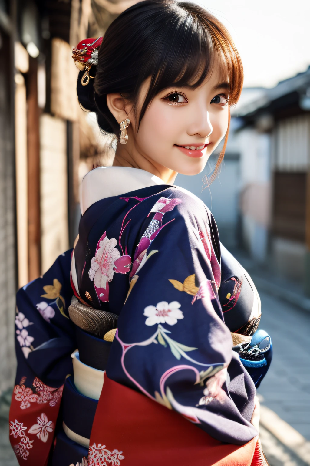 Professional Lighting,(Realistic:1.4), (Top image quality:1.0), (超High resolution:1.0), 8K, Raw photography, (masterpiece:0.2), (Dealing with the Children_v1:0.5)、(最高quality Detail:1.2)、Realistic、8K Ultra HD、High resolution、(1 Girl:1.2)、超detailedな、High quality textures、複雑なdetailed、detailed、Very detailed CG、High quality shadows、detailed 美しく繊細な顔、Beautiful details and a delicate eye、(Symmetrical eyes:1.2),Written boundary depth、Ray Tracing,1 Girl, Japanese Girls, (Natural smile:1.4),cute, thin, Portrait of a beautiful Japanese woman in a kimono, Standing elegantly on a street corner in Kyoto. Kimono with vibrant traditional patterns, Hair decorated with elegant and delicate hairpins, Gentle expression. (With the old streets of Kyoto in the background:1.4)、The soft light of a spring afternoon、Adding tranquility to the scene. Rendered in a Realistic style with great attention to detail, High resolutionの画像.Sky Porn, Magic Hour, (Realistic:1.3), finely, quality, (Tabletop:1.2), (Realistic:1.2), (最高quality), (複雑なdetailed), dramatic, Ray Tracing, photograph, +roller