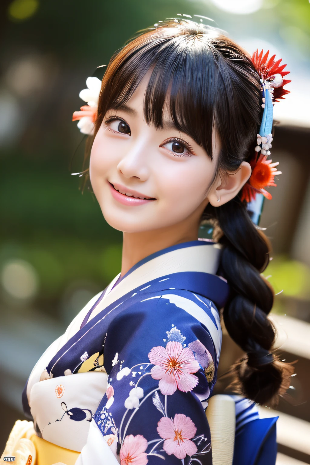 (8K、Raw photography、top-quality、​masterpiece:1.2)、ultra-detailliert、超A high resolution、(realisitic、photoRealstic:1.37)、portlate、High-detail RAW color photos、professional photograpy、extremely delicate and beautiful、A highly detailed、 8K Wallpapers、magnifica、finely detail、huge filesize、Official art、Highly detailed CG Unity 8K wallpapers、highly detailed beautiful girl、extra detailed face、extremely detailed eye、highlydetailed skin、extremely detailed fingers、highly detailed nose、highly detail mouth、perfect anatomia、highly detailed back ground、Highly detailed attire、女の子1人、(18year old:1.2)、10 generations、Cute  girl s、famous Japan idol、cute little、(small tits:1.2)、Realistic body、小柄、fair white skin、shinny skin、slenderbody、well-styled、A dark-haired、Hair collection、(Pattsun bangs:1.2)、A smile、kawaii、年轻、kawaii faces、Lifelike face、Beautiful eyes、Sauce order、(Kimono:1.4)、Dense embroidery、耳Nipple Ring、(hair adornments:1.2)、eye、cowboy  shot、frontage、standing athletic pose、Contrapo、outside of house、(natta:1.4)、A Japanese style、kyoto、Dynamic lighting、Valley、