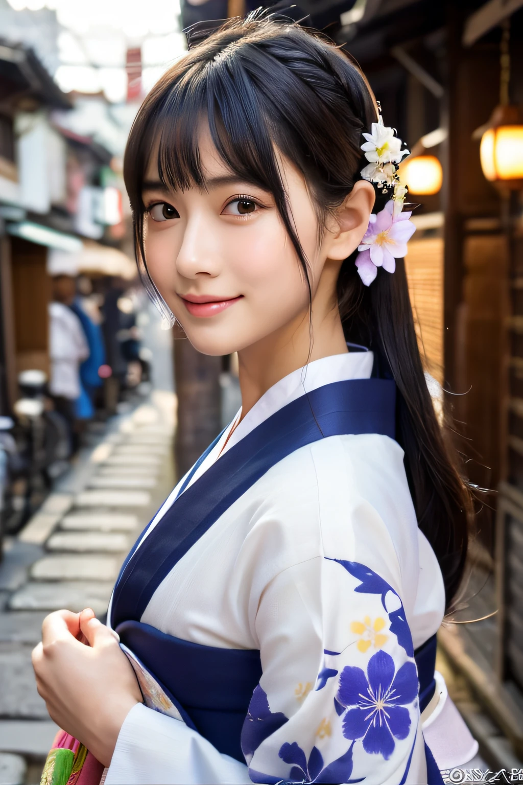 (8K、Raw photography、top-quality、​masterpiece:1.2)、ultra-detailliert、超A high resolution、(realisitic、photoRealstic:1.37)、portlate、High-detail RAW color photos、professional photograpy、extremely delicate and beautiful、A highly detailed、 8K Wallpapers、magnifica、finely detail、huge filesize、Official art、Highly detailed CG Unity 8K wallpapers、highly detailed beautiful girl、extra detailed face、extremely detailed eye、highlydetailed skin、extremely detailed fingers、highly detailed nose、highly detail mouth、perfect anatomia、highly detailed back ground、Highly detailed attire、女の子1人、(18year old:1.2)、10 generations、Cute little girl s、famous Japan idol、cute little、(small tits:1.2)、Realistic body、小柄、fair white skin、shinny skin、slenderbody、well-styled、A dark-haired、Hair collection、(Pattsun bangs:1.2)、A smile、kawaii、年轻、kawaii faces、Lifelike face、Beautiful eyes、Sauce order、(Kimono:1.4)、Dense embroidery、耳Nipple Ring、(hair adornments:1.2)、eye、cowboy  shot、frontage、standing athletic pose、Contrapo、outside of house、(natta:1.4)、A Japanese style、kyoto、Dynamic lighting、Valley、