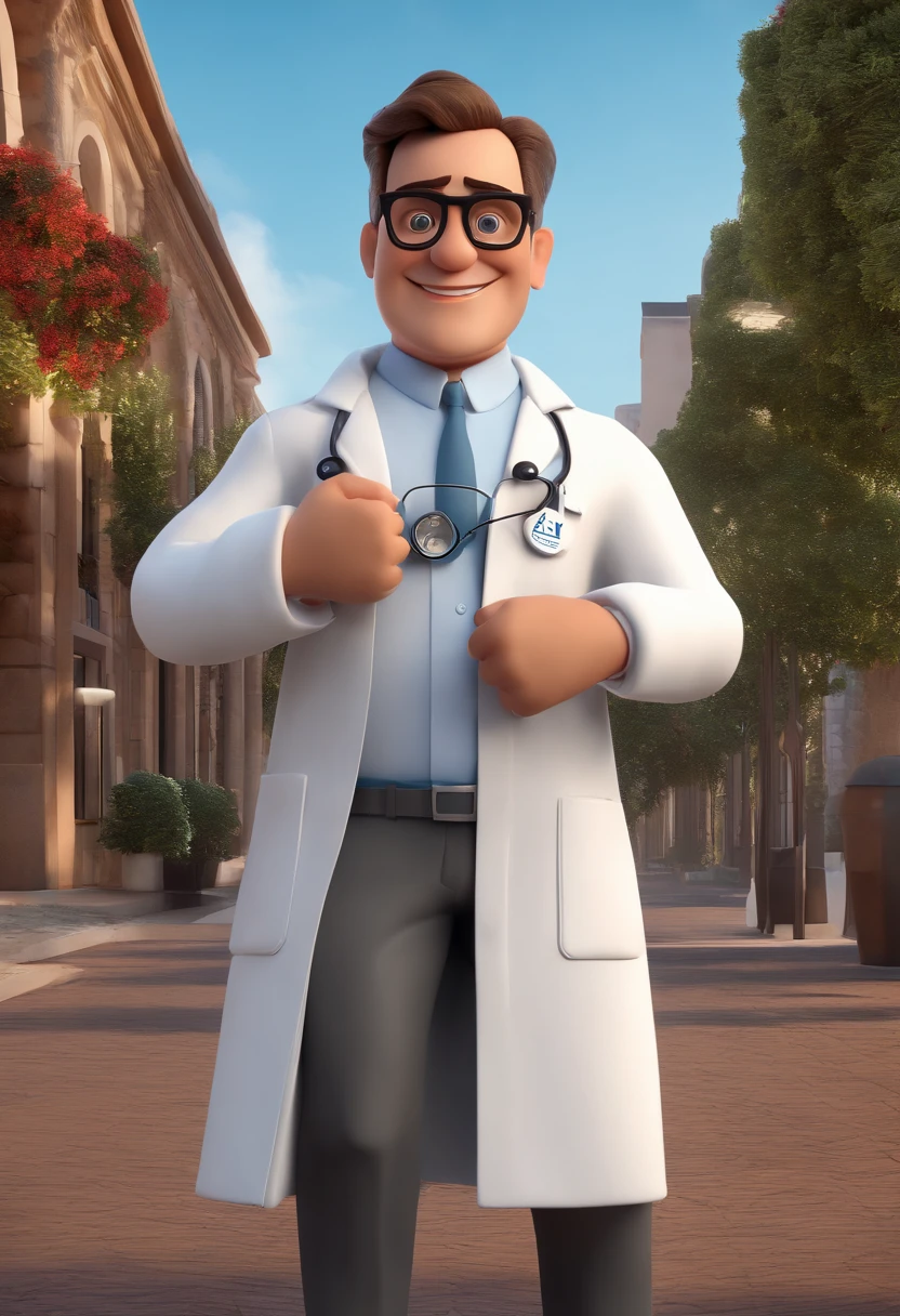 Cartoon character of a man with square black glasses and a white lab coat with pharmacy symbol, tom de pele mulata, cabelos muito curtos, animation character, Caractere estilizado, animation style rendering, 3D estilizado, Arnold Maya render, 3 d render stylized, toon render keyshot, Personagem 3D, Personagem 3D, 3d rendering stylized, 3 d character render, personagem de desenho animado, Personagem de close up, Pose de personagem,  (Estilo Pixar) (master part:1.2) (Bokeh) (best quality) (pele detalhada) (textura detalhada) (8k) (argila) (Cinematic lighting) (foco nítido