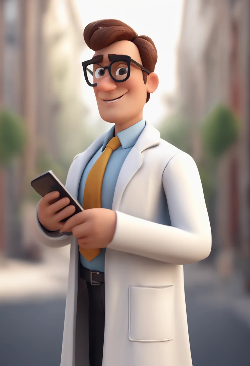 Cartoon character of a man with square black glasses and a white lab coat with pharmacy symbol, tom de pele mulata, cabelos muito curtos, animation character, Caractere estilizado, animation style rendering, 3D estilizado, Arnold Maya render, 3 d render stylized, toon render keyshot, Personagem 3D, Personagem 3D, 3d rendering stylized, 3 d character render, personagem de desenho animado, Personagem de close up, Pose de personagem,  (Estilo Pixar) (master part:1.2) (Bokeh) (best quality) (pele detalhada) (textura detalhada) (8k) (argila) (Cinematic lighting) (foco nítido