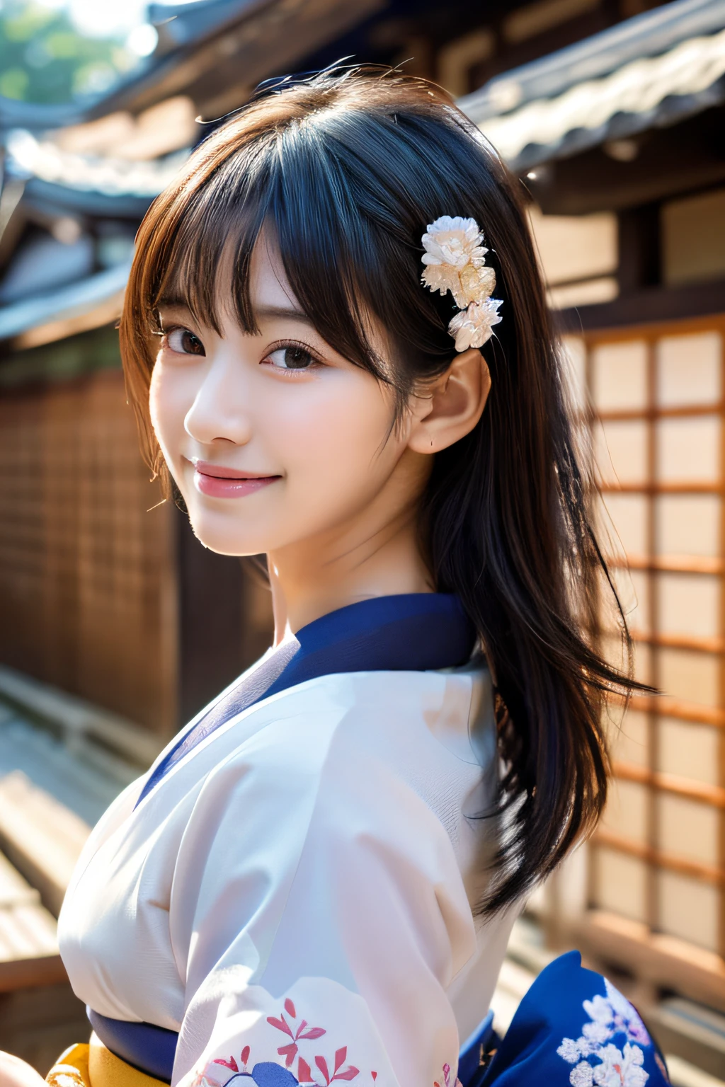 (8K、Raw photography、top-quality、​masterpiece:1.2)、ultra-detailliert、超A high resolution、(realisitic、photoRealstic:1.37)、portlate、High-detail RAW color photos、professional photograpy、extremely delicate and beautiful、A highly detailed、 8K Wallpapers、magnifica、finely detail、huge filesize、Official art、Highly detailed CG Unity 8K wallpapers、highly detailed beautiful girl、extra detailed face、extremely detailed eye、highlydetailed skin、extremely detailed fingers、highly detailed nose、highly detail mouth、perfect anatomia、highly detailed back ground、Highly detailed attire、女の子1人、(18year old:1.2)、10 generations、Cute  girl s、famous Japan idol、cute little、(small tits:1.2)、Realistic body、小柄、fair white skin、shinny skin、slenderbody、well-styled、A dark-haired、Hair collection、(Pattsun bangs:1.2)、A smile、kawaii、年轻、kawaii faces、Lifelike face、Beautiful eyes、Sauce order、(Kimono:1.4)、Dense embroidery、耳Nipple Ring、(hair adornments:1.2)、eye、cowboy  shot、frontage、standing athletic pose、Contrapo、outside of house、(natta:1.4)、A Japanese style、kyoto、Dynamic lighting、Valley、