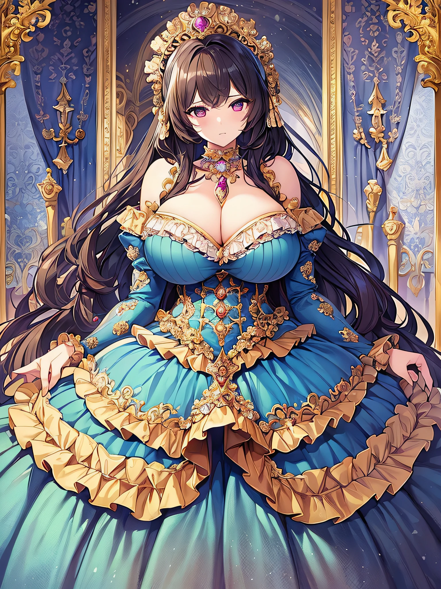 best quality, masterpiece, best definition, artwork, super detailed, many details, details, detailed,woman, 20 years,((one princess)), full body, full body, curvy,((very gigantic boobs)),cleavage,Skindentation,(((absurdly long Hair))),Straight Hair,super detailed gorgeous ballgown with voluminous full length hoop skirt,gorgeous rococo ballgown with many ruffles,gorgeous rococo ballgown with big bows,gorgeous rococo ballgown with beautiful embroidery and jeweled, gorgeous  rococo ballgown with big bows,ruffles,whole body,