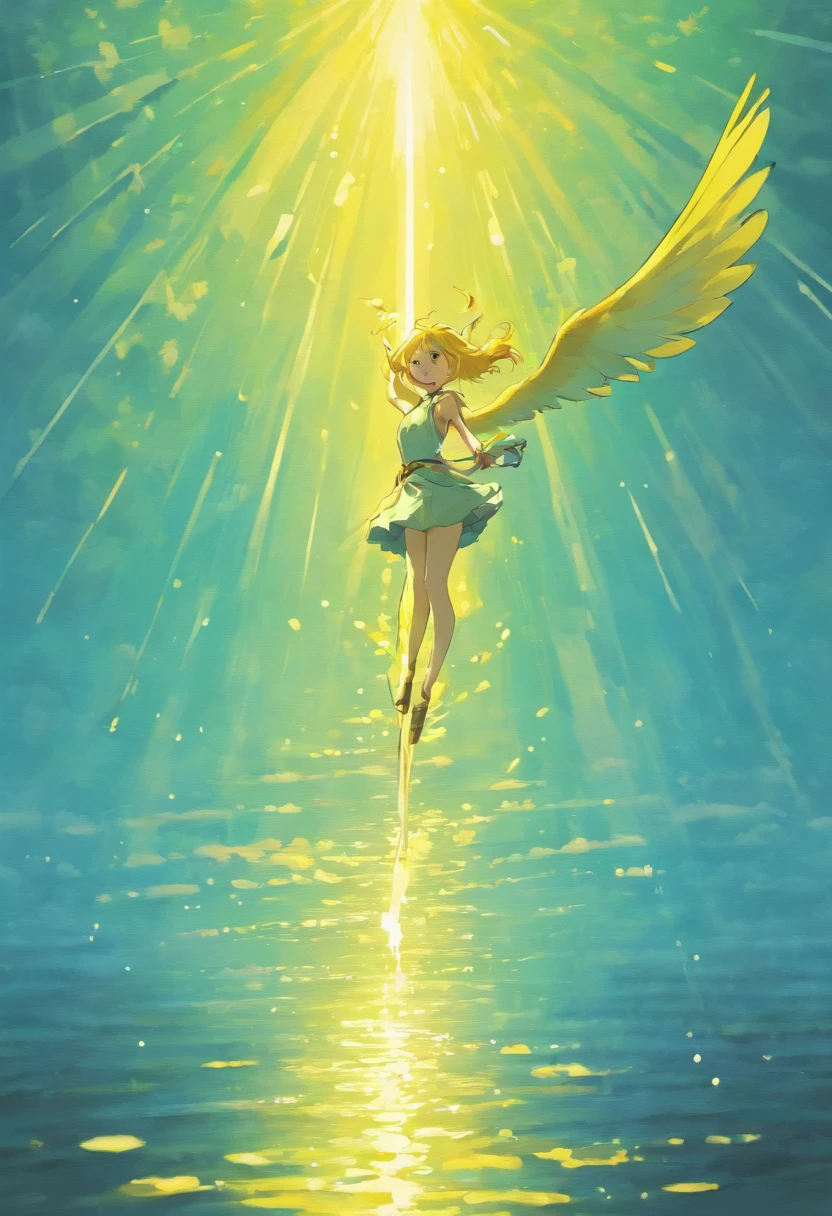 Yellow ringneck flying over a lake, beautiful sunrays flow over it, Pintura SNES