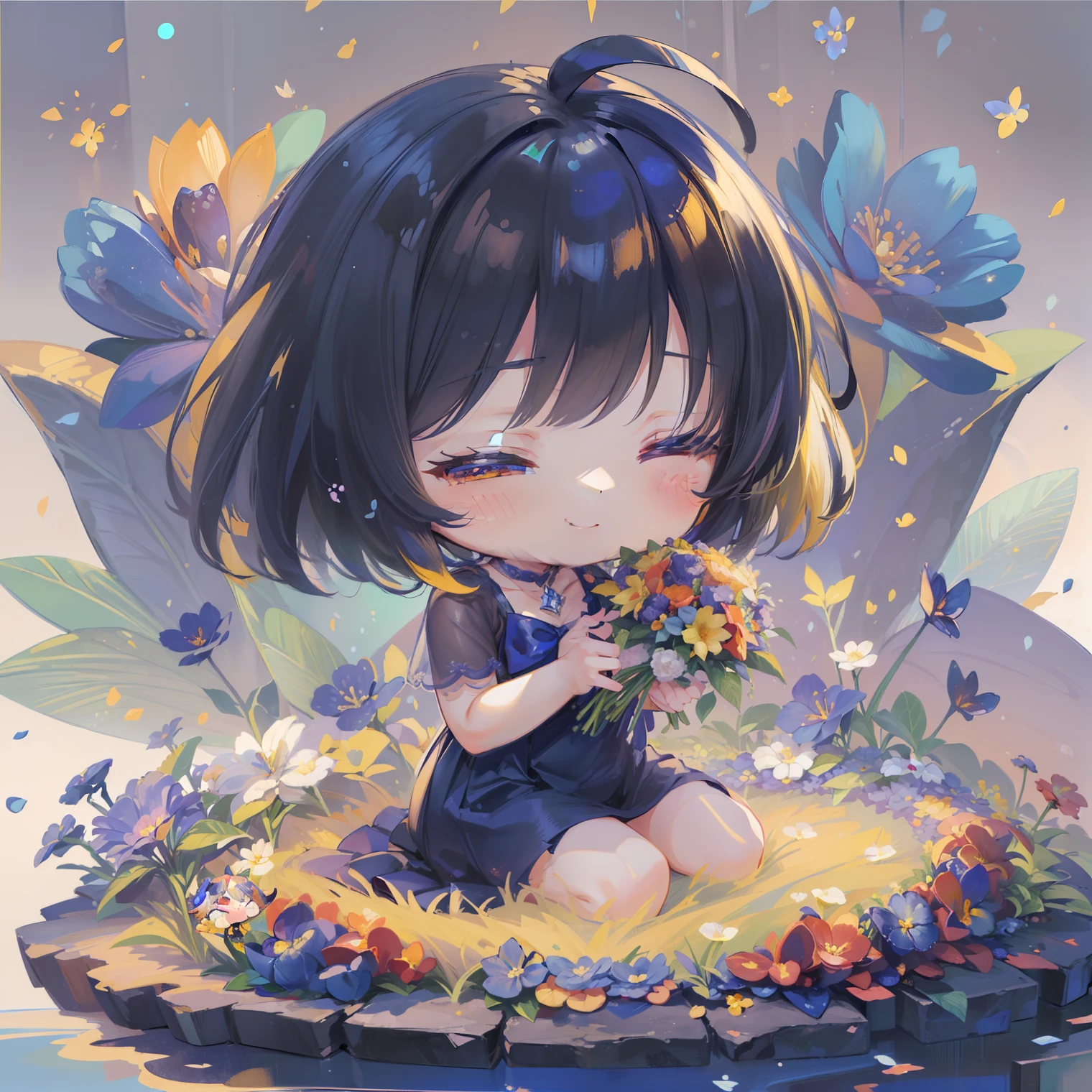 (((Lapis lazuli masterpiece))), Best Quality, Extremely detailed, Anime, (Hold a bouquet), (casual), (Black and yellow short hair), multicolored hair:1.2), Closed eyes, (((girl with))), (((Solo))), Happy, Full body, Ahoge, (((Deformed))), (((Chibi Character))), (((Floral background))), (White background), (flower  field)