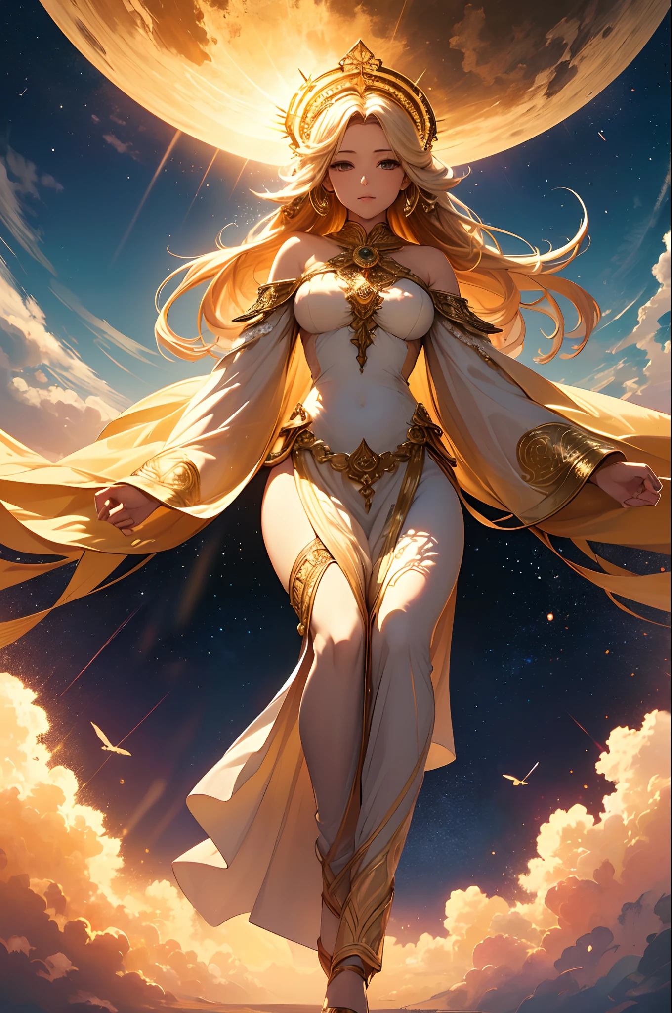 (high quality, high resolution, ultra-detailed, masterpiece:1.2), a majestic goddess of the sky, beautiful and intricate sun, vibrant colors, heavenly, ethereal, dreamlike, golden rays, shimmering clouds, serene atmosphere, grand and magnificent, divine, the passage of time, the sun illuminating the world, tranquil, infinite sky