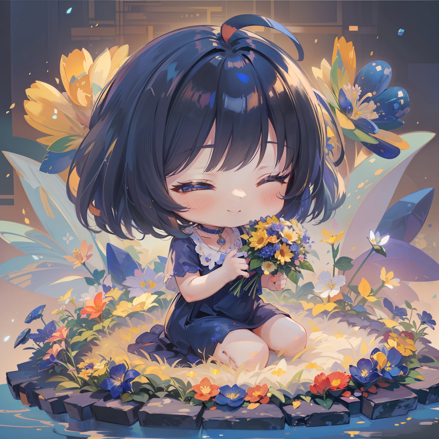 (((Lapis lazuli masterpiece))), Best Quality, Extremely detailed, Anime, (Hold a bouquet), (casual), (Black and yellow short hair), multicolored hair:1.2), Closed eyes, (((girl with))), (((Solo))), Happy, Full body, Ahoge, (((Deformed))), (((Chibi Character))), (((Floral background))), (White background), (flower  field)