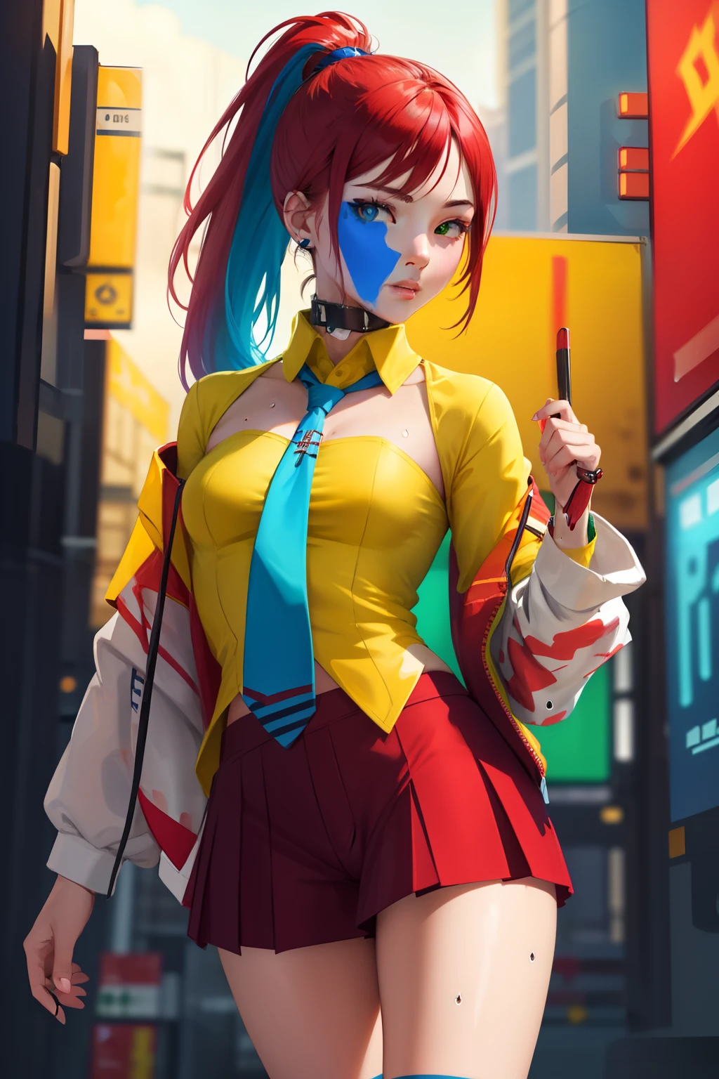 masterpiece, highest quality, realistic, subsurface scattering, chromatic lighting,
colorized, red + yellow + green + blue limited color palette, detailed concept drawing, line-art, illustration,
cyberpunk,
18yo 1girl,small breasts,
extrovert,
ponytail hair,
punk outfit,
necktie,
pleated,
America
city,
club, people,
wet
detailed background