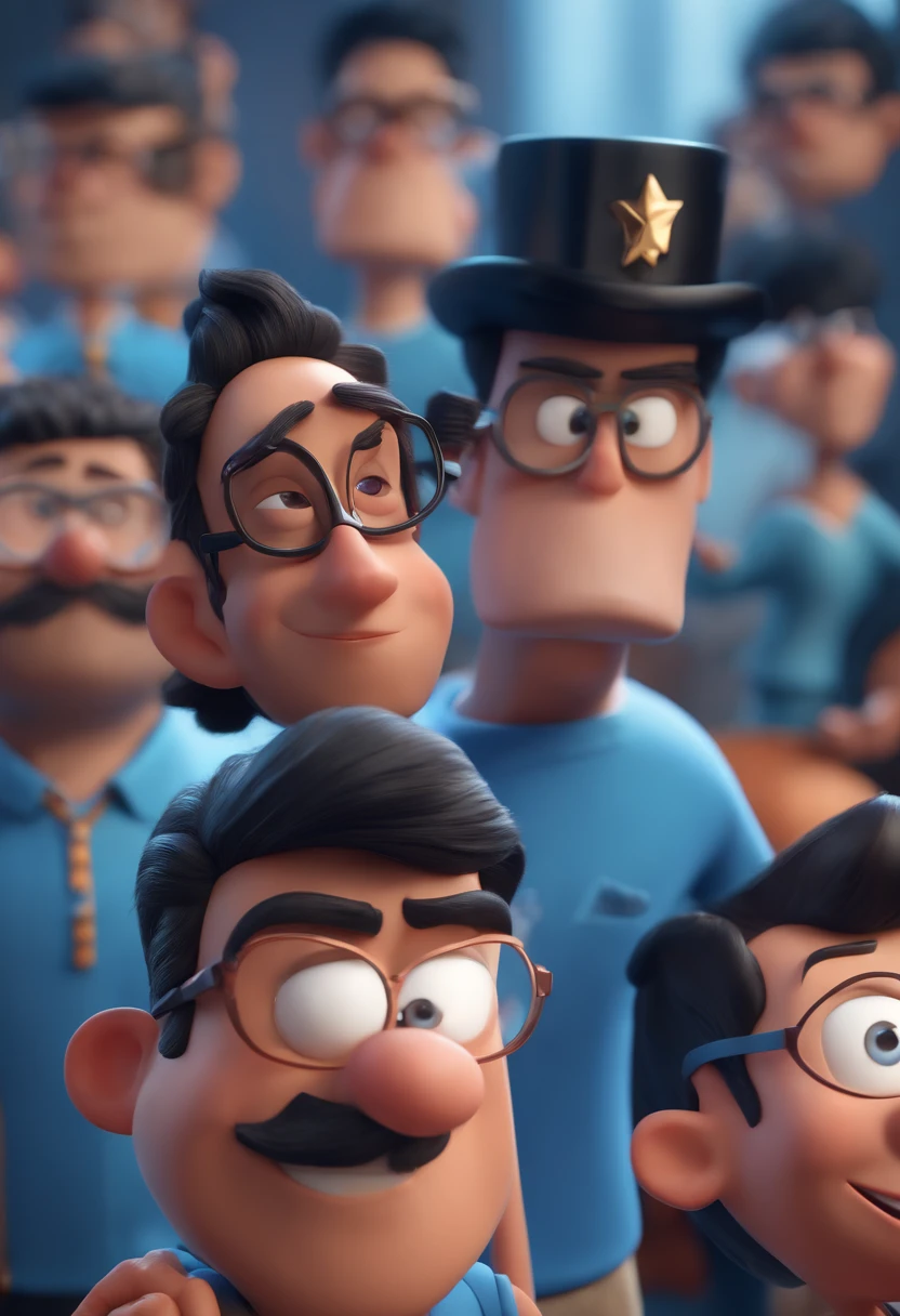 Cartoon character of a man with black glasses and a blue shirt, animation character, Caractere estilizado, animation style rendering, 3D estilizado, Arnold Maya render, 3 d render stylized, toon render keyshot, Personagem 3D, Personagem 3D, 3d rendering stylized, 3 d character render, personagem de desenho animado, Personagem de close up, Pose de personagem, (Estilo Pixar) (master part:1.2) (Bokeh) (best quality) (pele detalhada) (textura detalhada) (8k) (argila) (Cinematic lighting) (foco nítido