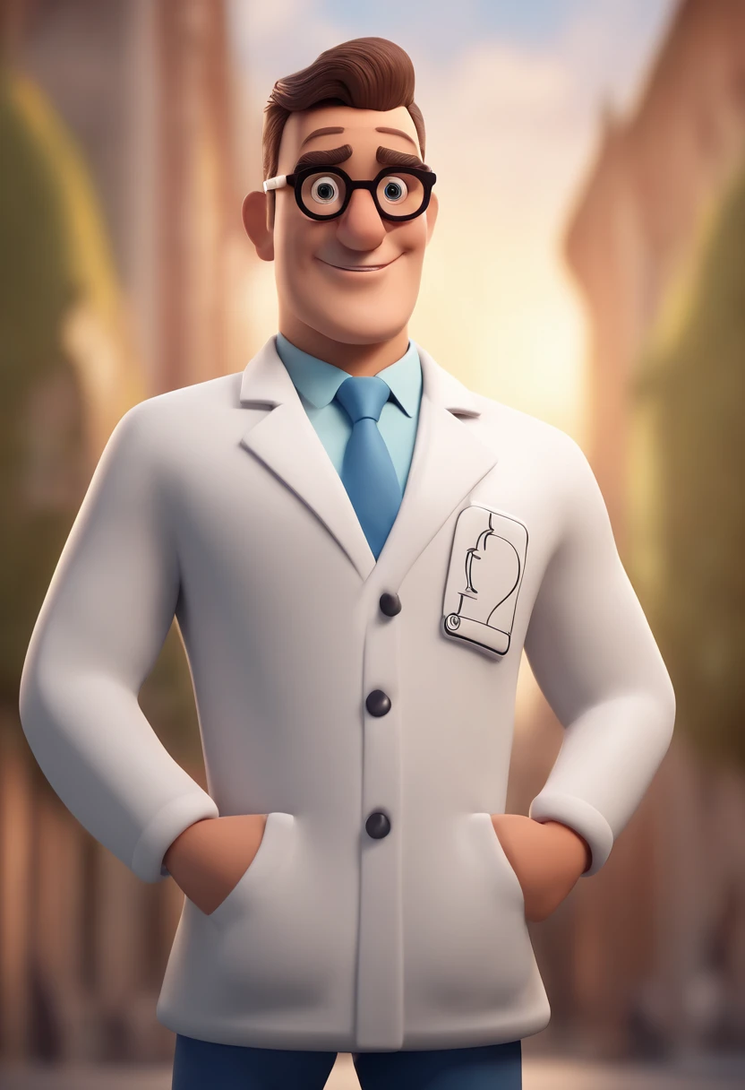 Cartoon character of a man with square black glasses and a white lab coat with pharmacy symbol, tom de pele mulata, cabelos muito curtos, animation character, Caractere estilizado, animation style rendering, 3D estilizado, Arnold Maya render, 3 d render stylized, toon render keyshot, Personagem 3D, Personagem 3D, 3d rendering stylized, 3 d character render, personagem de desenho animado, Personagem de close up, Pose de personagem, (Estilo Pixar) (master part:1.2) (Bokeh) (best quality) (pele detalhada) (textura detalhada) (8k) (argila) (Cinematic lighting) (foco nítido
