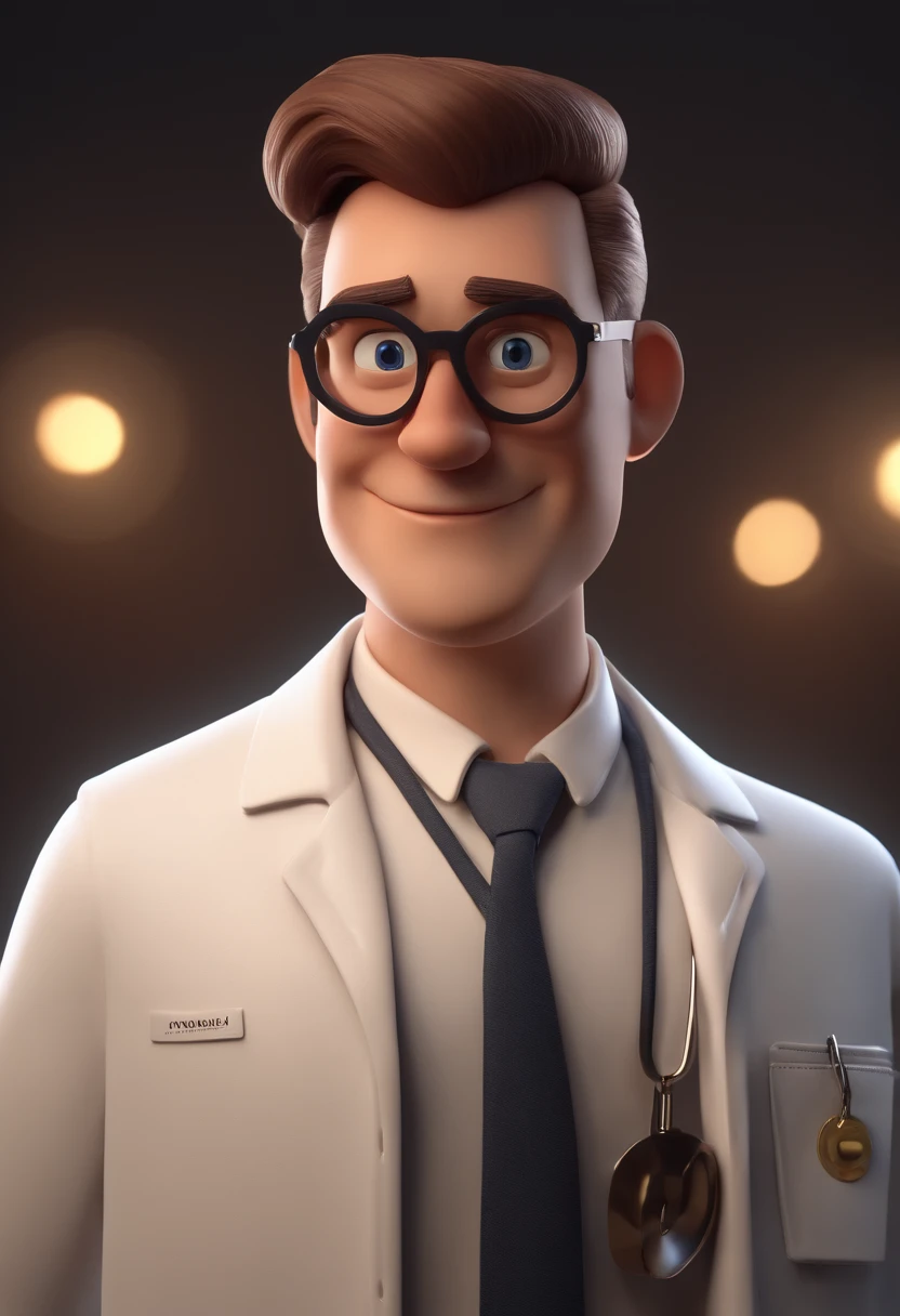 Cartoon character of a man with square black glasses and a white lab coat with pharmacy symbol, tom de pele mulata, cabelos muito curtos, animation character, Caractere estilizado, animation style rendering, 3D estilizado, Arnold Maya render, 3 d render stylized, toon render keyshot, Personagem 3D, Personagem 3D, 3d rendering stylized, 3 d character render, personagem de desenho animado, Personagem de close up, Pose de personagem,  (Estilo Pixar) (master part:1.2) (Bokeh) (best quality) (pele detalhada) (textura detalhada) (8k) (argila) (Cinematic lighting) (foco nítido