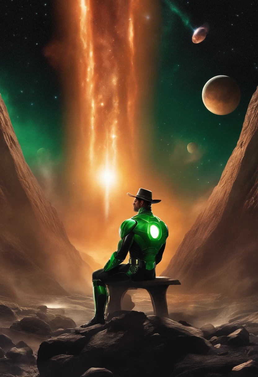 Green Lantern sitting on a research platform floating in the middle of the asteroid belt. Ele estuda com um caderno, surrounded by several asteroids glowing with an aura of fire;. Dramatic lighting from distant stars and planets illuminates the scene, casting deep shadows on the costume. O jovem parece confiante e determinado, looking at the vast and mysterious universe with wonder and respect, facial hair, cowboy shot,