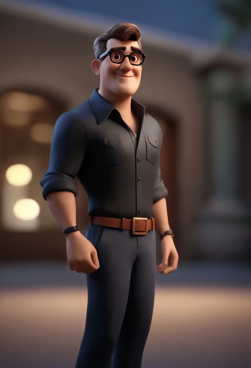 Cartoon character of a man wearing black glasses and a blue shirt, um personagem animado, Caractere estilizado, animation style rendering, 3D estilizado, Arnold Maya render, 3 d render stylized, toon render keyshot, Personagem 3D, Personagem 3D, 3d rendering stylized, 3 d character render, personagem de desenho animado, Personagem de close up, Pose de personagem, (Estilo Pixar) (master part:1.2) (Bokeh) (best quality) (pele detalhada) (textura detalhada) (8k) (argila) (Cinematic lighting) (foco nítido，Senta e vaza a parte superior do corpo
