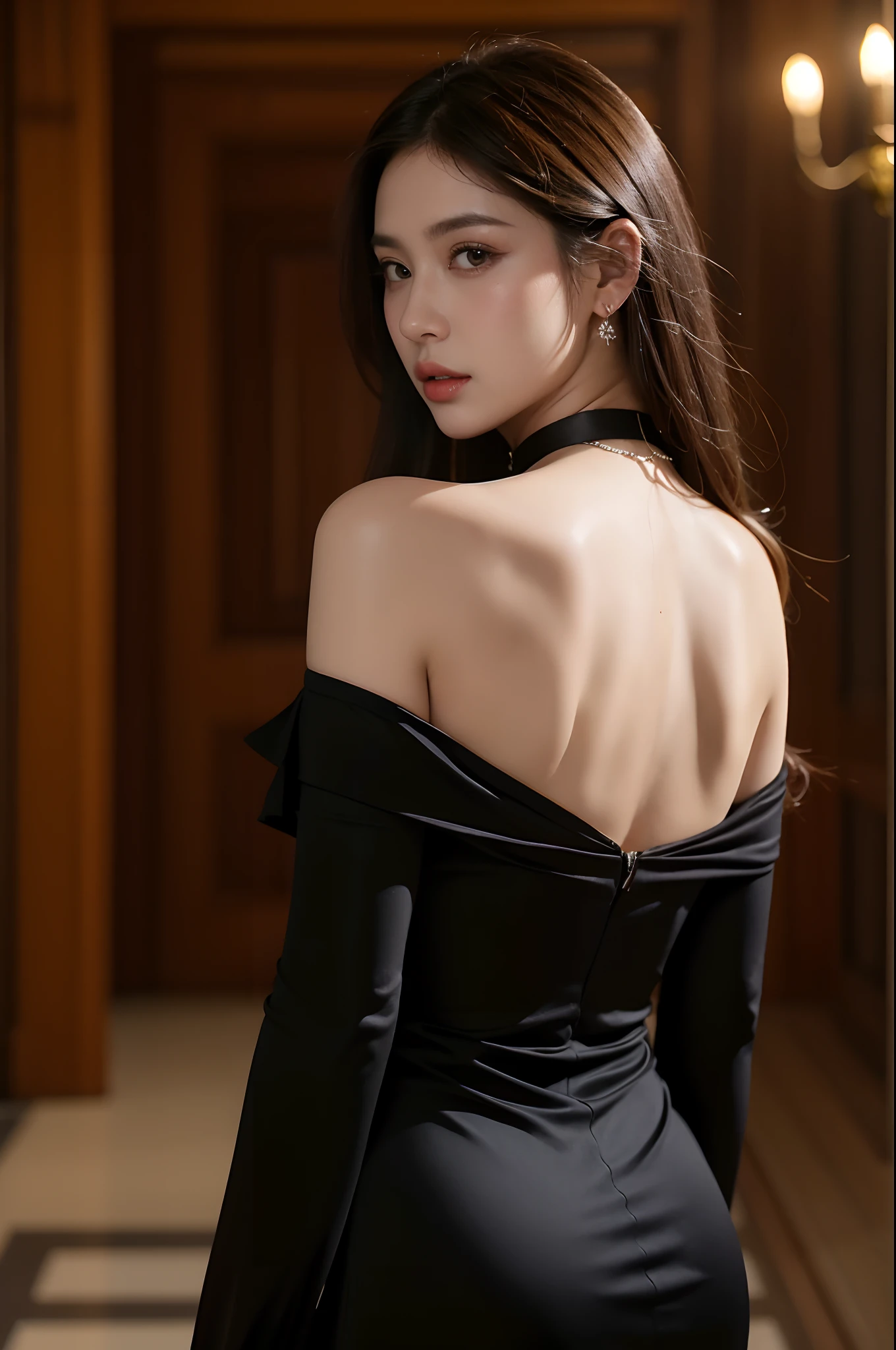 (Front focus),(in the darkness nigth:1.6),Surrealist portraits of women by David Hockney and Alphonse Mucha,Fantasyart,photographrealistic,动态照明,artstation,black gown,sam yang, 1girll, back, Bare shoulders and back, 黑The eye, dark circles, brown hair, 耳Nipple Ring, jewely,black dressed evening dress, cparted lips, long whitr hair, looking at viewert, back to look back, choker necklace, cropped shoulders, Lips half open, sportrait, daysies, depth of fields, 独奏, ((tmasterpiece))Volumetriclighting,Very detailed faces,4 k,Award-Awarded, , 1girl, in the dark, deep shadow, low key, cowboy shot,(official clothes:1.4),long whitr hair,whaite hair,