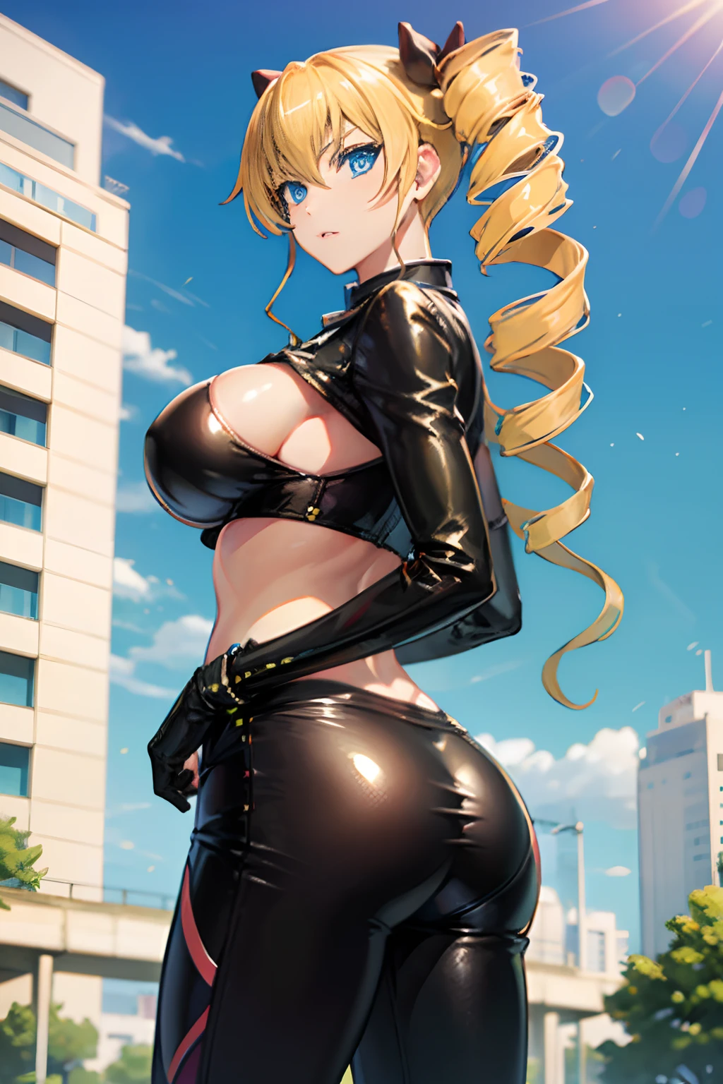 Real,  1 girl,  Blonde,  Long hair,  Twin-tailed,  Drill Hair,  Blue eyes,  Shining eyes,  (Big breasts: 1.2),  ((full :1.5)),  Leather pants,  Shot from the front,  Sun bath,  hands on butt