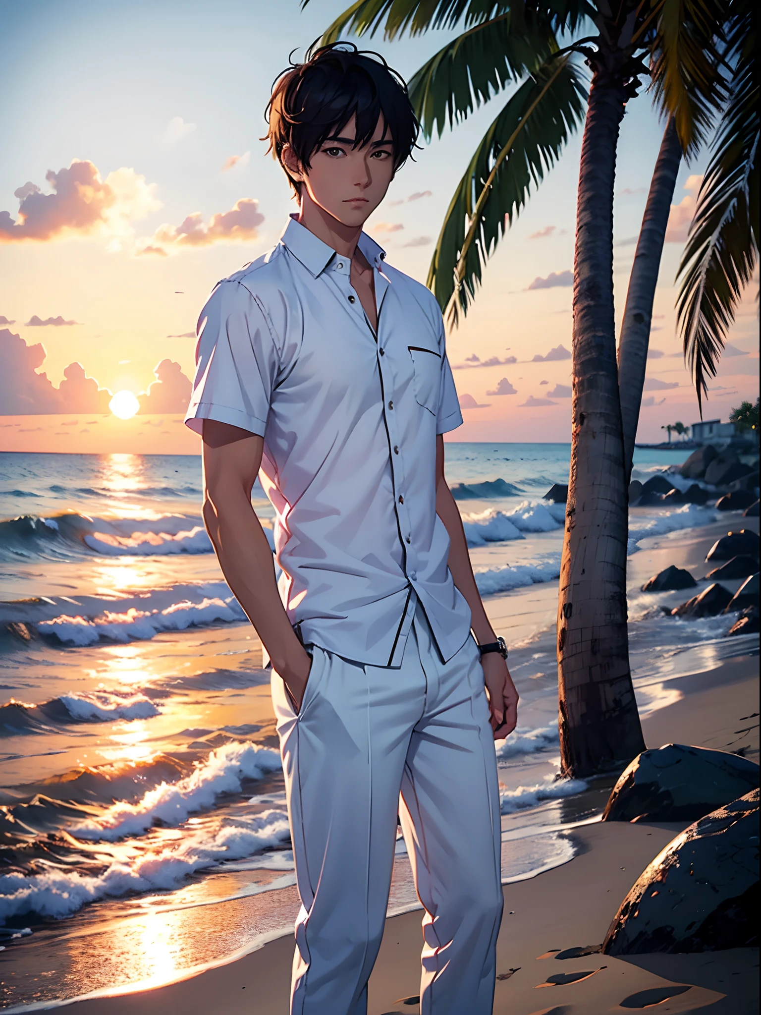 handsome anime man in casual style clothes, white chinos and shirt, white beach. sunset
