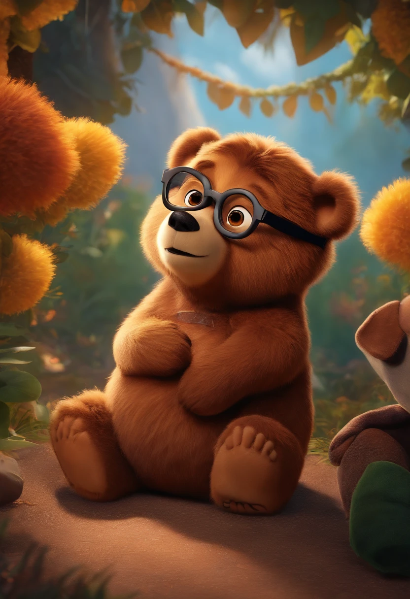 estilo desenho animado, Pixar, wearing round glasses, segurando um urso de pelucia, roupa de escoteiro,