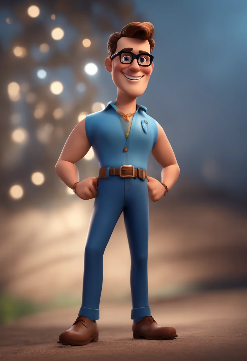 Cartoon character of a man with black glasses and a blue shirt, animation character, Caractere estilizado, animation style rendering, 3D estilizado, Arnold Maya render, 3 d render stylized, toon render keyshot, Personagem 3D, Personagem 3D, 3d rendering stylized, 3 d character render, personagem de desenho animado, Personagem de close up, Pose de personagem,  (Estilo Pixar) (master part:1.2) (Bokeh) (best quality) (pele detalhada) (textura detalhada) (8k) (argila) (Cinematic lighting) (foco nítido