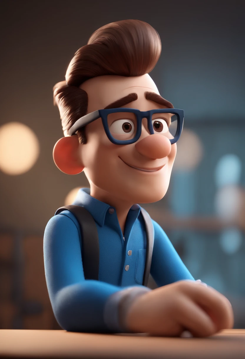 Cartoon character of a man wearing black glasses and a blue shirt, um personagem animado, Caractere estilizado, animation style rendering, 3D estilizado, Arnold Maya render, 3 d render stylized, toon render keyshot, Personagem 3D, Personagem 3D, 3d rendering stylized, 3 d character render, personagem de desenho animado, Personagem de close up, Pose de personagem, (Estilo Pixar) (master part:1.2) (Bokeh) (best quality) (pele detalhada) (textura detalhada) (8k) (argila) (Cinematic lighting) (foco nítido,Senta e vaza a parte superior do corpo