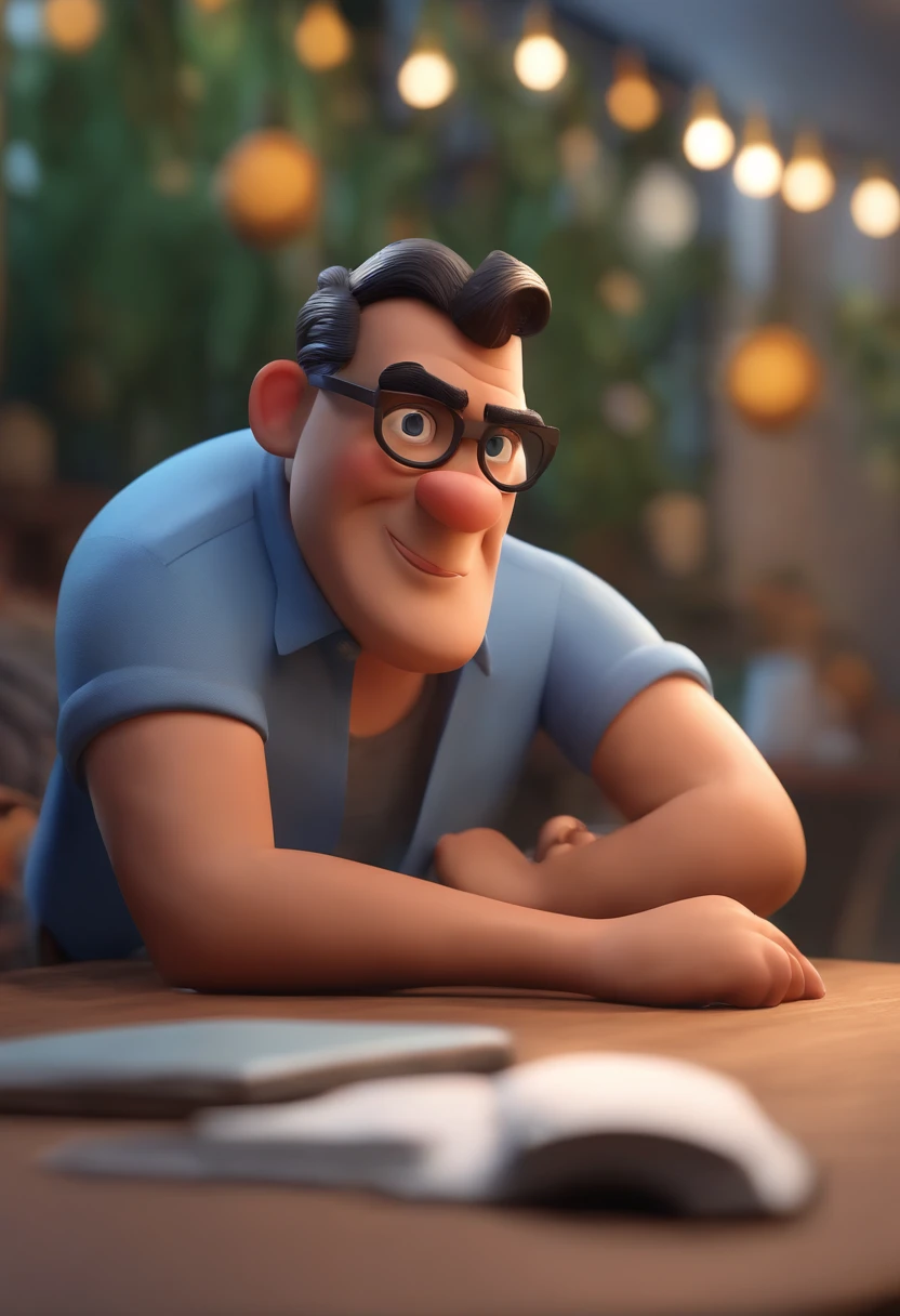 Cartoon character of a man wearing black glasses and a blue shirt, um personagem animado, Caractere estilizado, animation style rendering, 3D estilizado, Arnold Maya render, 3 d render stylized, toon render keyshot, Personagem 3D, Personagem 3D, 3d rendering stylized, 3 d character render, personagem de desenho animado, Personagem de close up, Pose de personagem, (Estilo Pixar) (master part:1.2) (Bokeh) (best quality) (pele detalhada) (textura detalhada) (8k) (argila) (Cinematic lighting) (foco nítido，Senta e vaza a parte superior do corpo