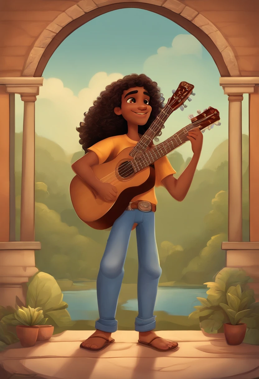 crie um banner no estilo Pixar. A boy with Indian features, moreno pardo com cabelos curtos, Castanhos escuros, Curly and slightly grayish appearance, mas jovem, usando uma camiseta, Wearing jeans and holding a classical guitar with 7 strings.