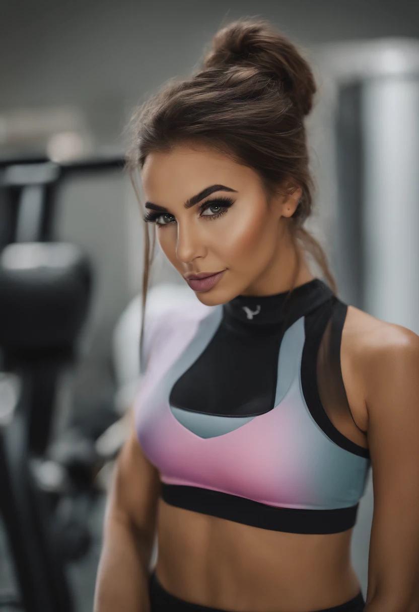 Femme marocaine avec en tenue crop top er legging sportswear, fille sexy aux yeux bruns, Portrait Sophie Mudd, cheveux bruns et grands yeux, Selfie d’une jeune femme, Yeux vert, Violet Myers, sans maquillage, maquillage naturel, Regarder directement la caméra, Visage avec Artgram, Maquillage subtil, Superbe photo du corps entier, dans la salle de sport, clivage