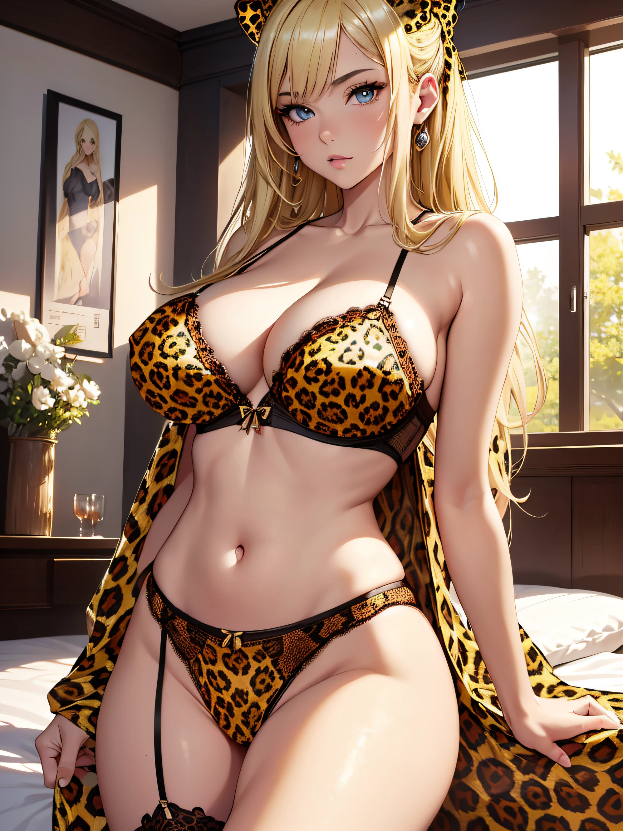 absurd, 8K, high resolution, ultra-detailed, beautiful, masterpiece, best quality, very pretty woman, young, very pretty woman, in the bedroom, sexy, (leopard lingerie:1.3), (blonde hair:1.4), a bun, sexy, detailed female face, very attractive, (very large breasts:1.3)