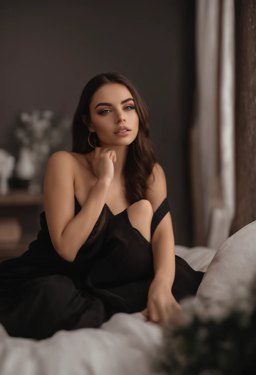arafed woman with black sexy atractive  clothes, sexy girl with brown eyes, portrait sophie mudd, black hair and large eyes, selfie of a young woman, bedroom eyes, violet myers, without makeup, natural makeup, looking directly at the camera, face with artgram, subtle makeup, stunning full body shot, in a roof , cleavage