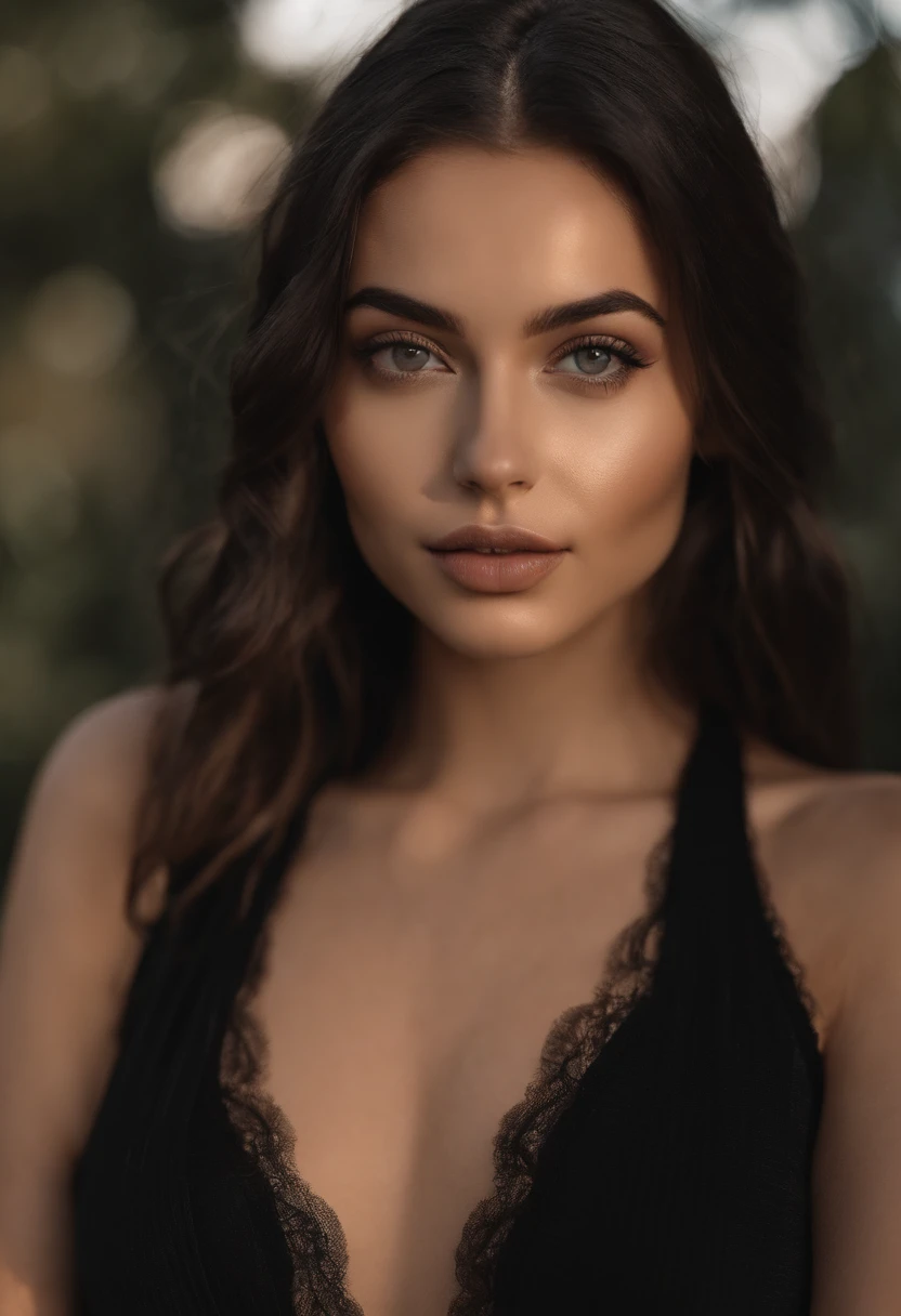 arafed woman with black sexy atractive  clothes, sexy girl with brown eyes, portrait sophie mudd, black hair and large eyes, selfie of a young woman, bedroom eyes, violet myers, without makeup, natural makeup, looking directly at the camera, face with artgram, subtle makeup, stunning full body shot, in a roof , cleavage