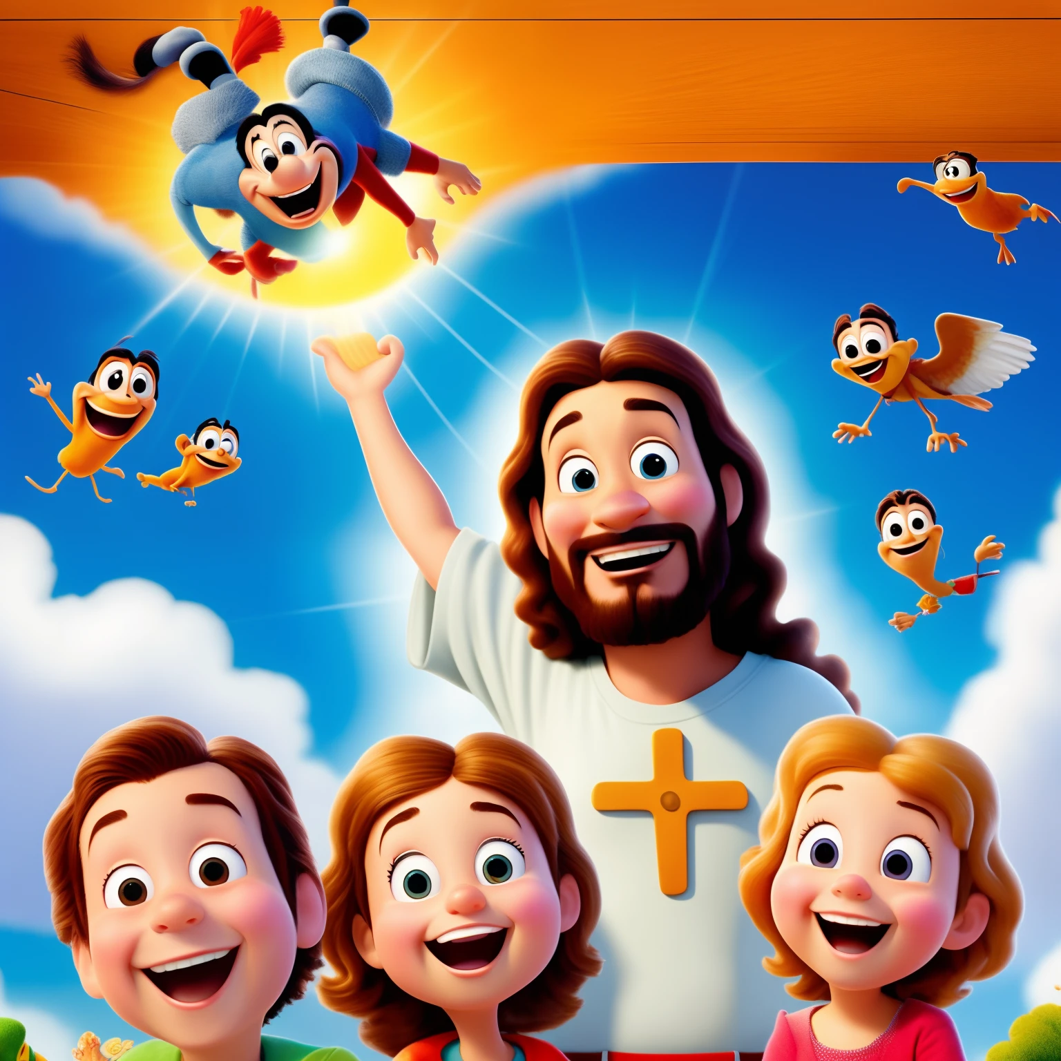 Disney Pixar. Jesus in heaven with the angels, sorrindo. Ao fundo as nuvens e o trono de Deus.