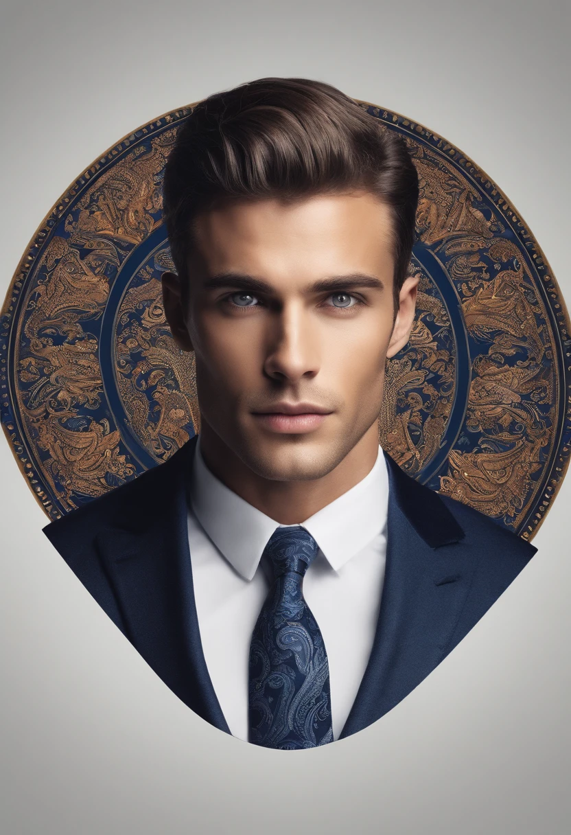 Businessman standing in front of a bunch of books, attractive male, beautiful symmetrical face, attractive male, male model, Human/Tank hybrid, Precise symmetrical human characteristics, The man stands out in the photo, Multiple faces, Face hybrid realistic body and body, Perfect human male specimen, Handsome man, There is no distortion on the surface of the subject, Handsome men,Navy blue suit,Blue tie with paisley pattern