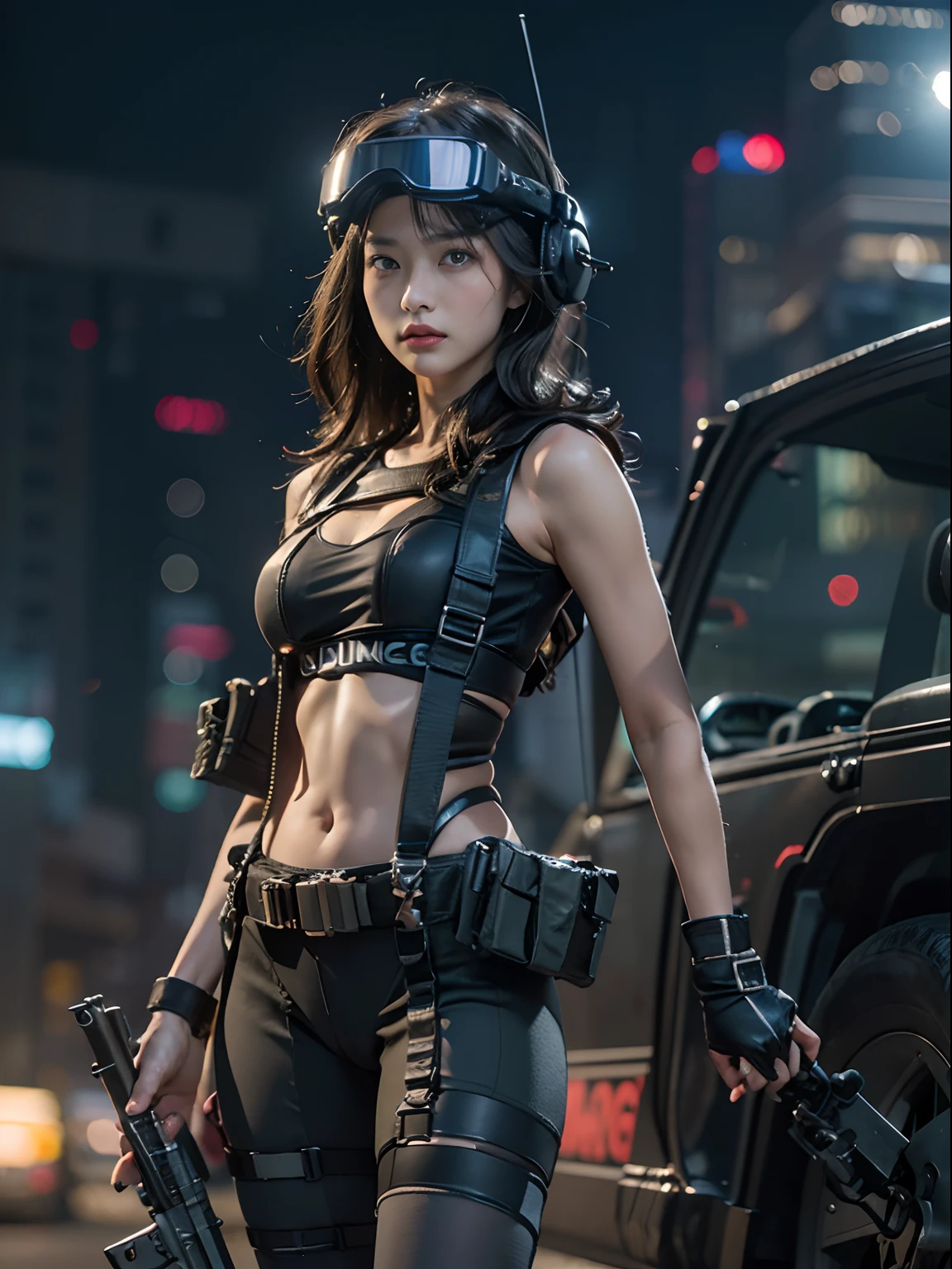 detailed cyberpunk sci-fi character, beautiful young woman, holding a rifle, hyper-realistic, extremely detailed face and body, voluptuous breasts, perfect proportions, muscular, six-pack abs, a woman in a high-leg latex bodysuit, night camouflage pattern, tactical gear, bulletproof vest, utility belt, holster, futuristic pistol, intricate armor, cybernetic enhancements, cinematic pose, cyberpunk city, terrorist attack, explosion, night, detailed futuristic cityscape, neon lights, skyscrapers, dark atmosphere, volumetric fog, cinematic lighting, dystopian urban environment, advanced technology, android, hacker, glowing displays, holographic displays, flying cars, industrial machinery, damaged buildings, rubble, chaos, panic, highly detailed skin texture, intricate details, cinematic lighting, dramatic shadows, glowing skin, photorealistic, (best quality,4k,8k,highres,masterpiece:1.2),ultra-detailed,(realistic,photorealistic,photo-realistic:1.37),extremely detailed eyes and face,longeyelashes,cinematic,dramatic lighting,chiaroscuro,vibrant colors,1girl