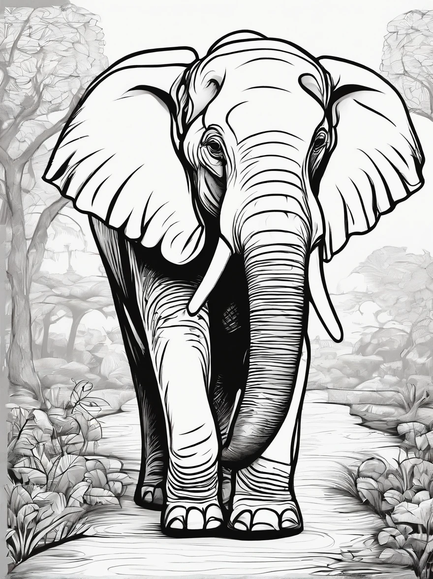 an elephant walking in pathway, line art. cartoon character, 3d style, high quility, colorin book, hand draw, line art.
