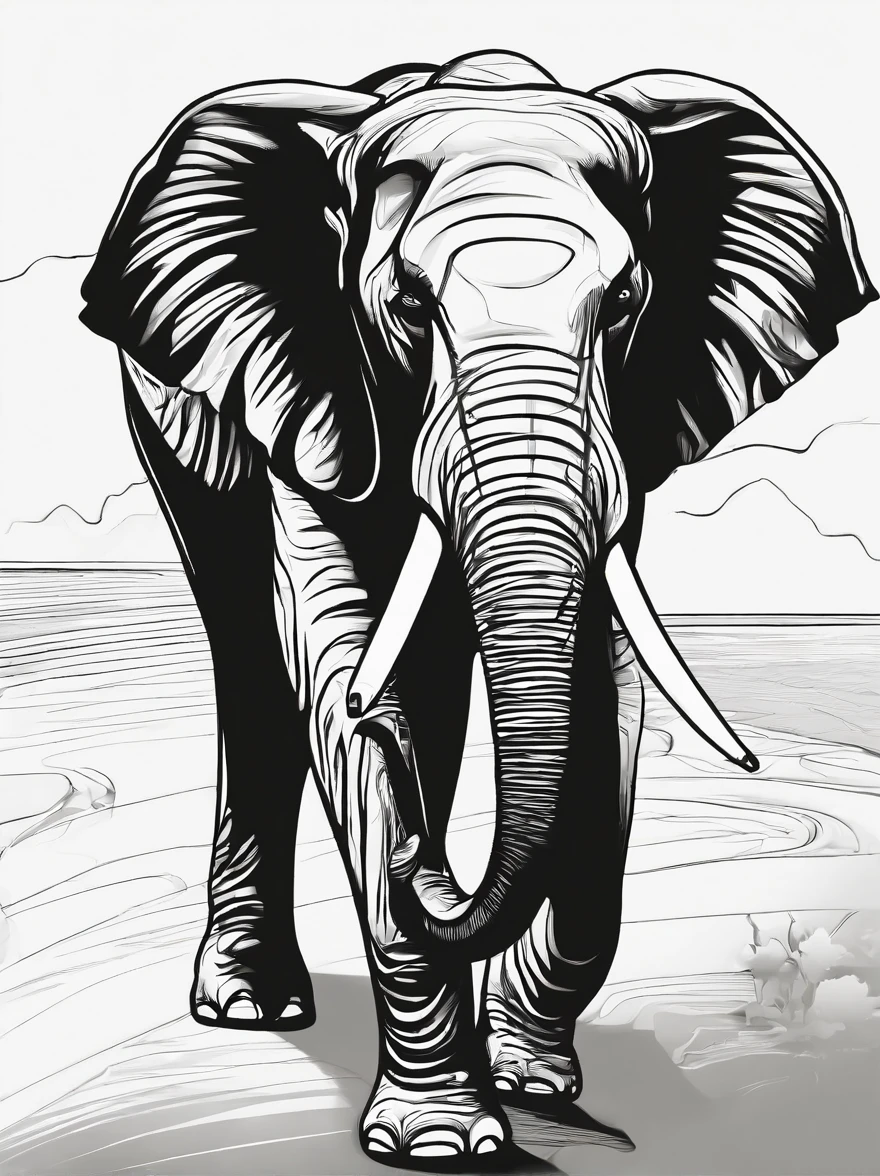 an elephant walking in pathway, line art. cartoon character, 3d style, high quility, colorin book, hand draw, line art.