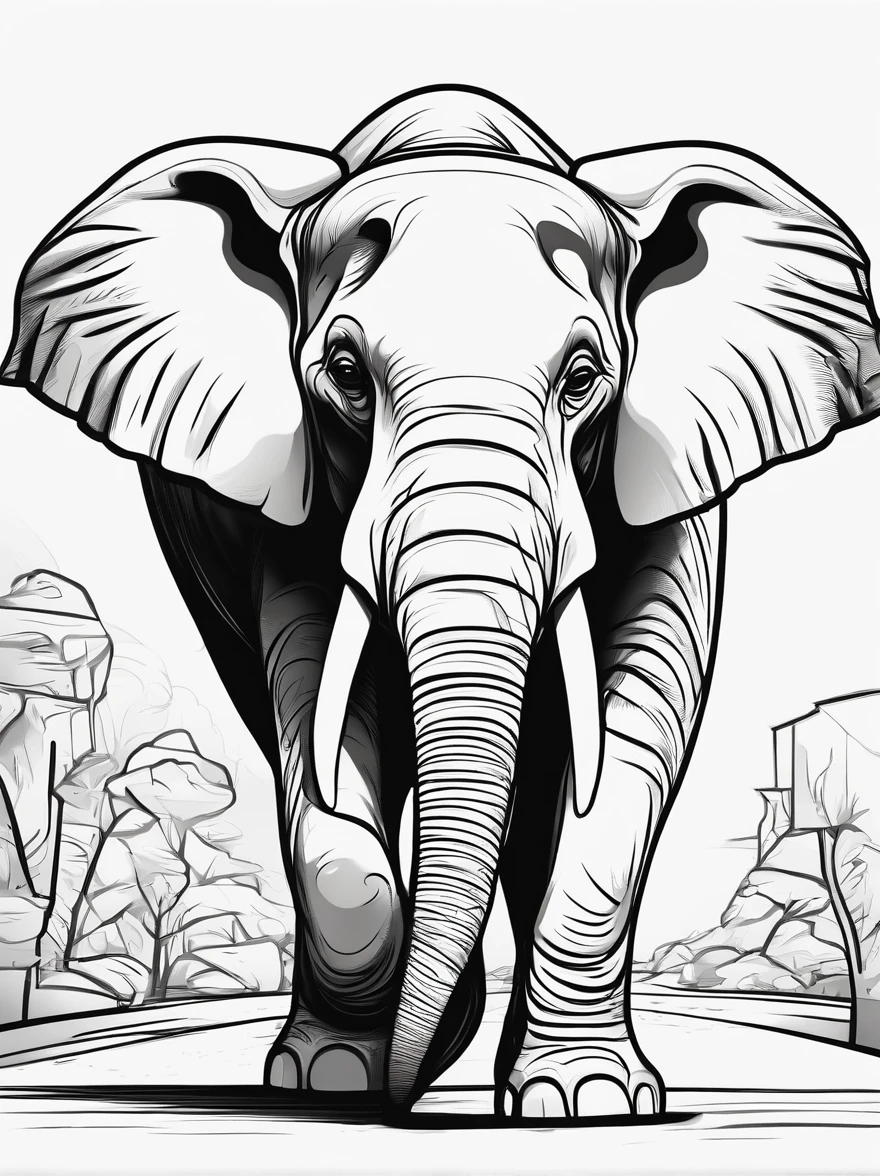 an elephant walking in pathway, line art. cartoon character, 3d style, high quility, colorin book, hand draw, line art.