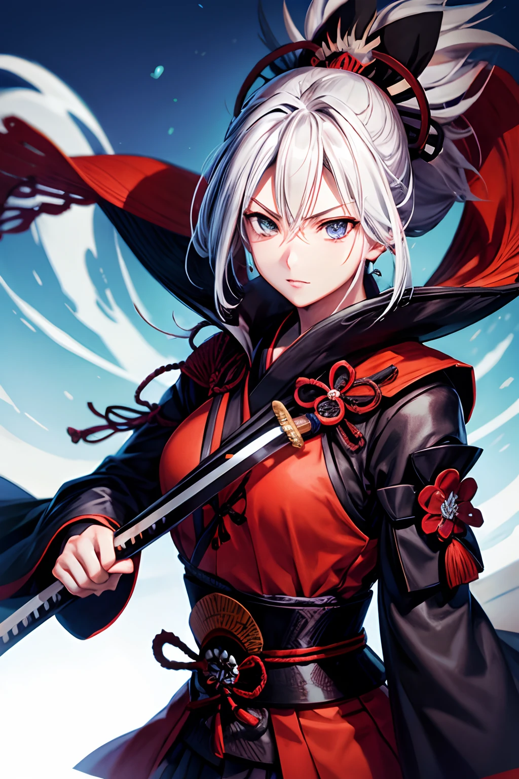 Miyamoto Musashi with two swords、A scene of a powerful stance。A calm, determined look came over his face.、It's as if one hand alone is not enough.。In the background, bamboo forests swaying in the wind and a battlefield are vaguely depicted.、The swords he holds in both hands symbolize his innovative style.。His posture and focused gaze、It emphasizes confidence and determination in battle.。