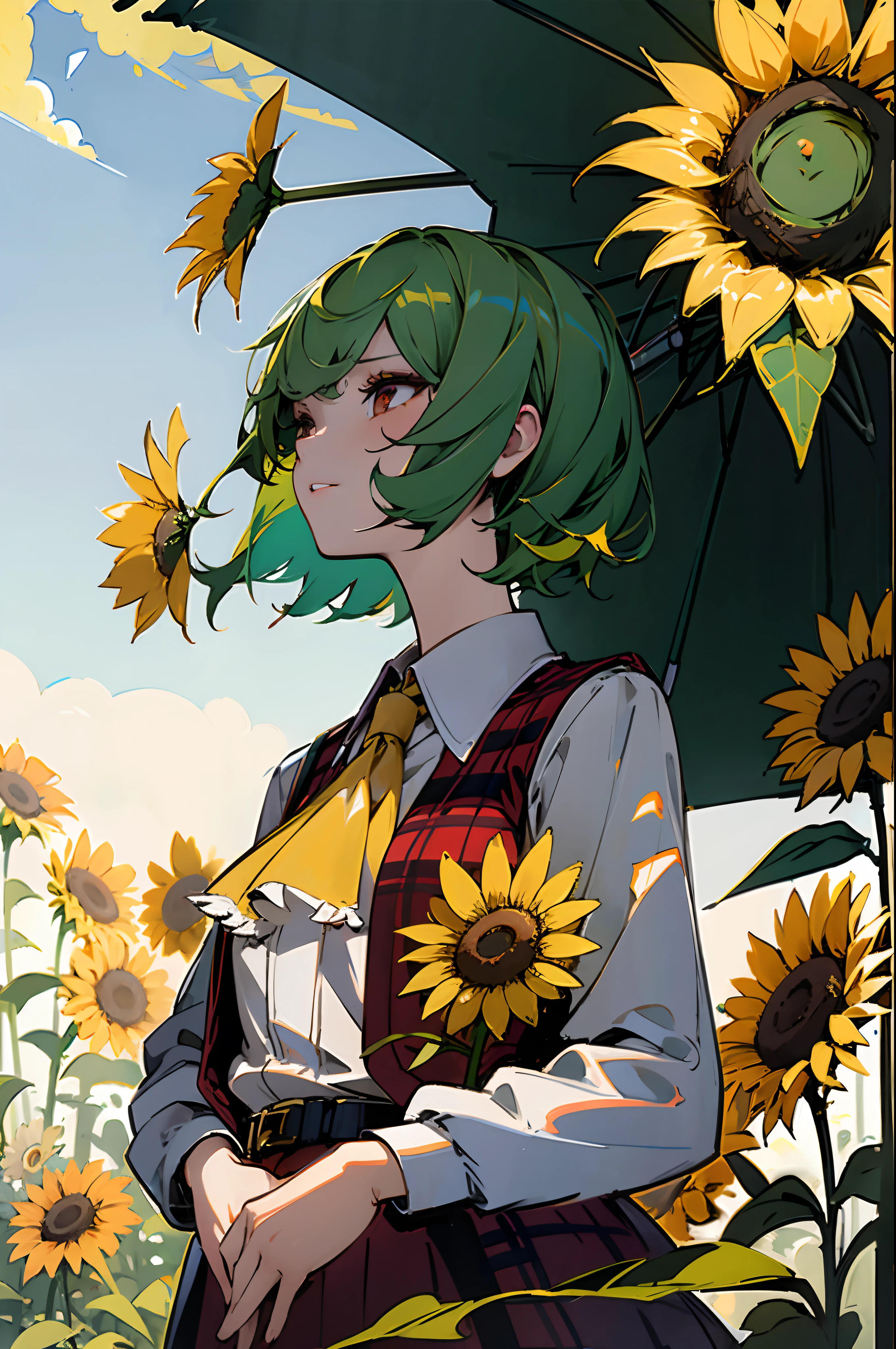 Masterpiece, Best quality, 1girll,Green hair,Umbrella, hair flower,helianthus flowers, Blue skies，head portrait，In the middle of the garden