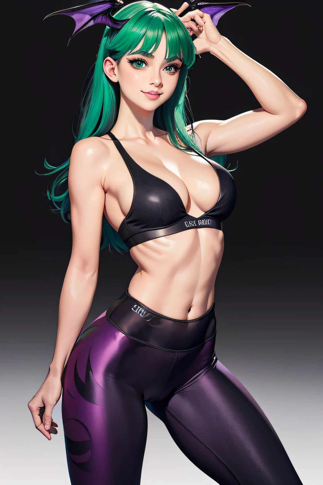 beautiful eyes, (green_eyes), green_hair, breasts, bangs, demon_girl, head_wings, long_hair, wings, bare_shoulders, cleavage, large_breasts, black_wings, purple_wings, low_wings, demon_wings, koakuma, morrigan_aensland_aiwaifu, (solo), (a detailed full body RAW photo of a girl), (masterpiece:1.0), (best quality:1.4), (ultra highres:1.2), (photorealistic:1.4), 8k resolution, Canon EOS R5, 50mm, absurdres, ultra detailed, (18yo), sharp focus, cinematic lighting, detailed beautiful face, (makeup:1.2), (ulzzang-6500-v1.1), detailed skin texture, pale skin, flat chest, (skinny and fit body:1.3), thigh gap, smiling, (sports bra, sports leggings:1.2), realistic glistening skin, (bedroom:1), (cameltoe:1.3), seductive smile