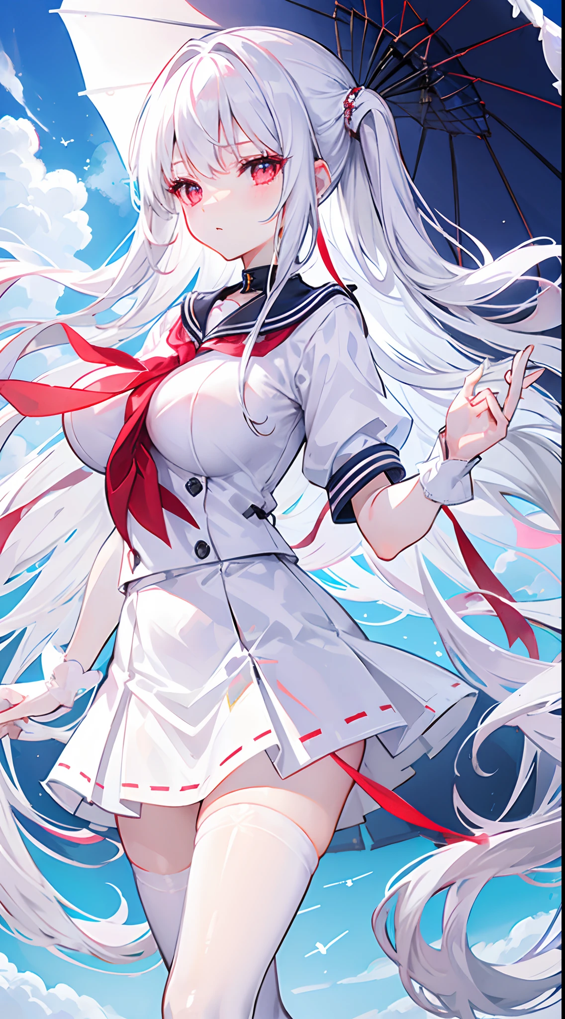 silver-white long hair，Broken hair curtains，Crystal red eyes，White short-sleeved sailor uniform，a skirt，expressiveless，apathy，Wearing white stockings，On the school rooftop，Wearing a crystal blue transparent umbrella，huge tit