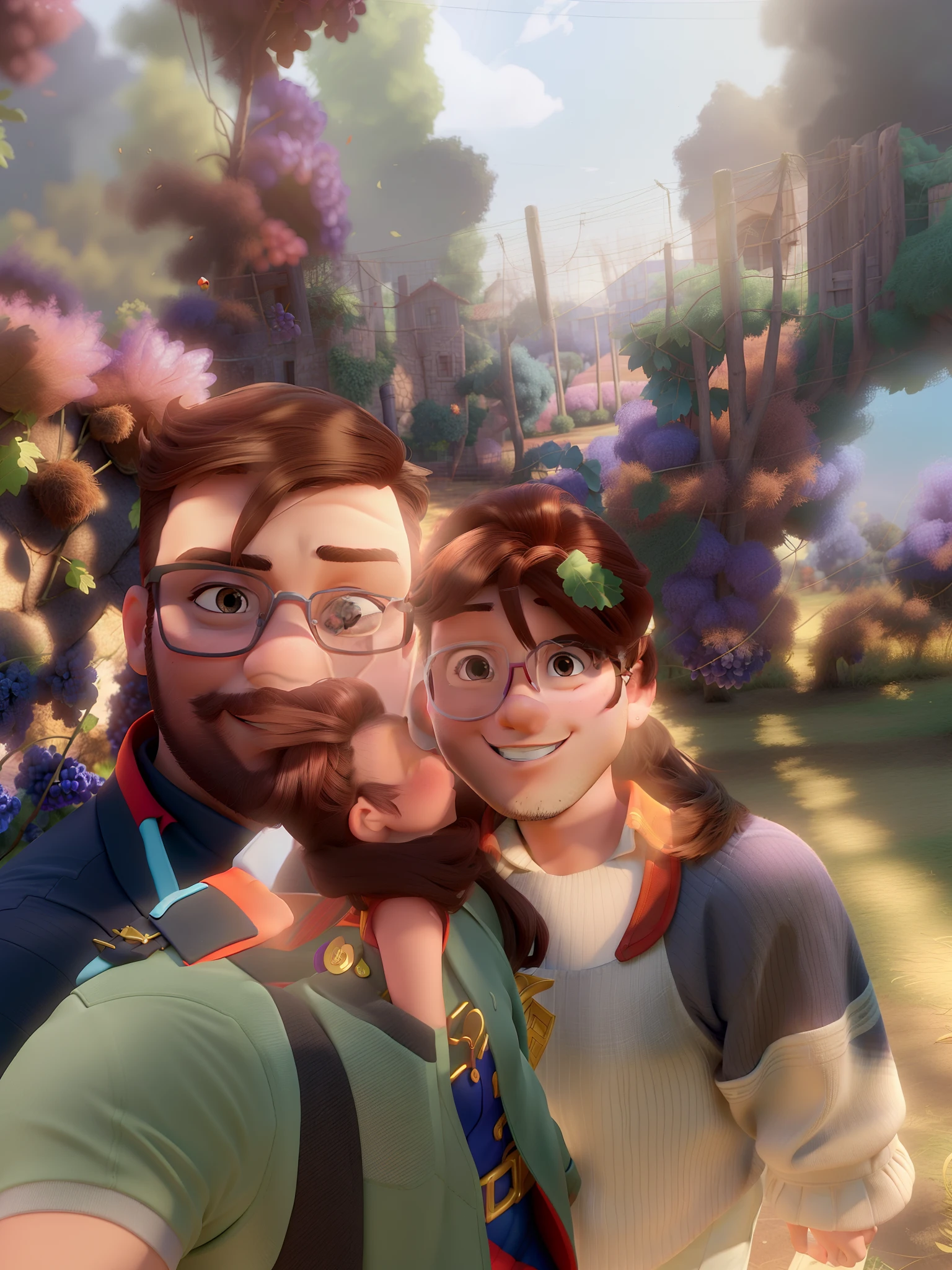 Casal (homem moreno e mulher branca) no estilo Disney Pixar, in the planting of grapes, alta qualidade, melhor qualidade.