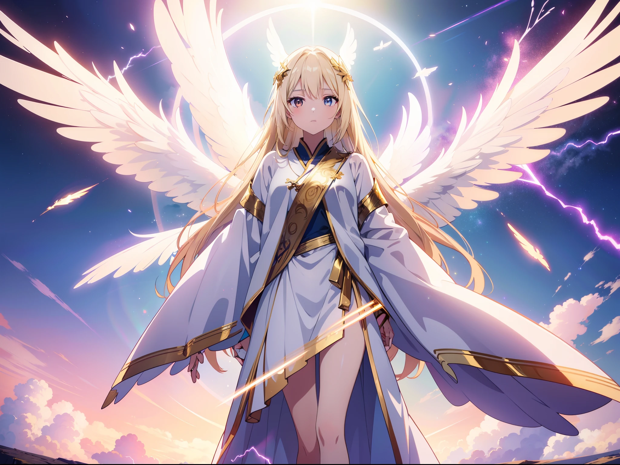 1 seraphim girl, (8 wings) ,floating air, cross legs, spread arms, front ,(gold color lightning), (from below:0.9) , white robe, (Lens Flare) ,background sky, high resolution,(incredibly absurdres),anime visual,extremely detailed CG unity 8k wallpaper, ((masterpiece)), ((top-quality)), (beautiful illustration), ((an extremely delicate and beautiful))