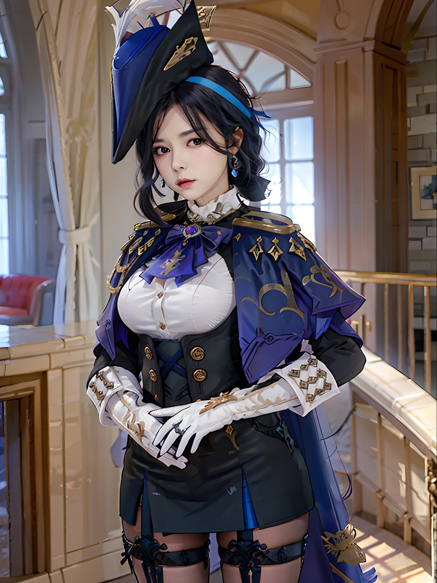 1girl in, Klonde \(GenshinImpact\), tricorne, pantyhose, earrings, blue cape, White Gloves, pencil skirts, White shirt, Thigh strap, Underbust, ascot, Jacket, depth of fields, Standing, Cowboy Shot, Glaring, put hands on the hip, Looking at Viewer, chies, Indoors