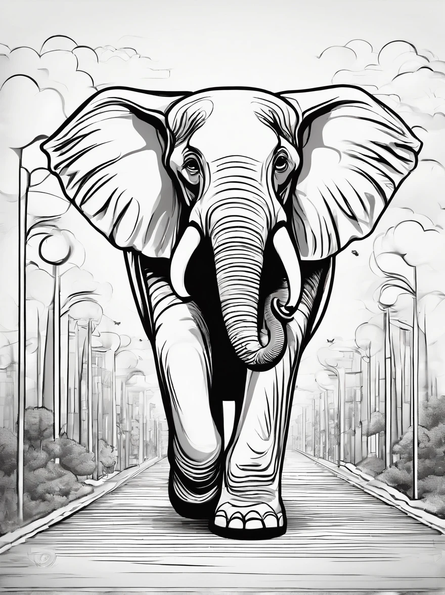 an elephant walking in pathway, line art. cartoon character, 3d style, high quility, colorin book, hand draw, line art. no shadow.